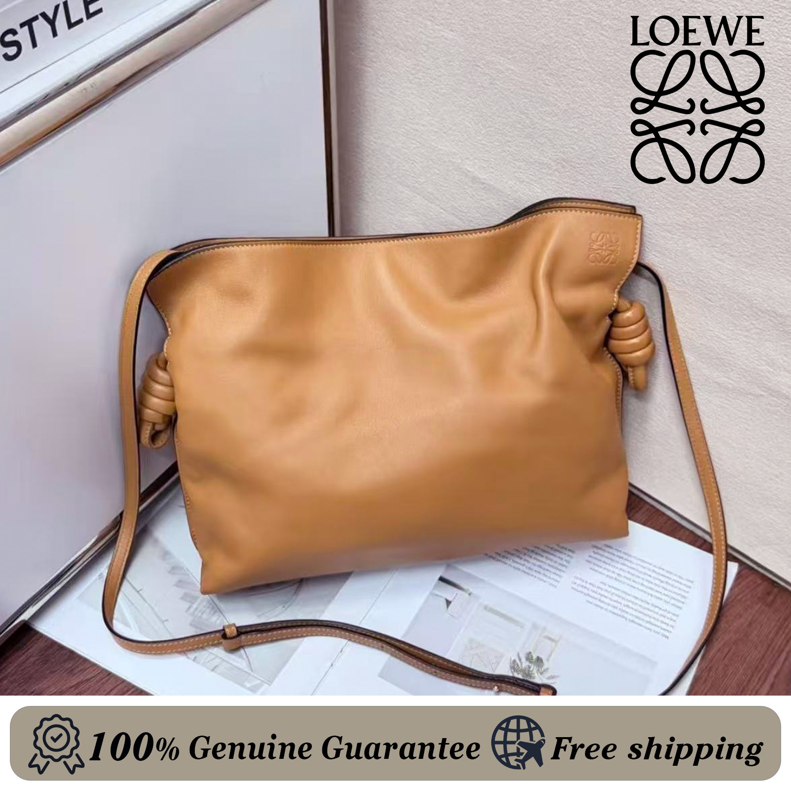 Loewe Flamenco Knot Bag Leather Medium crossbody bag in Warm Desert auth