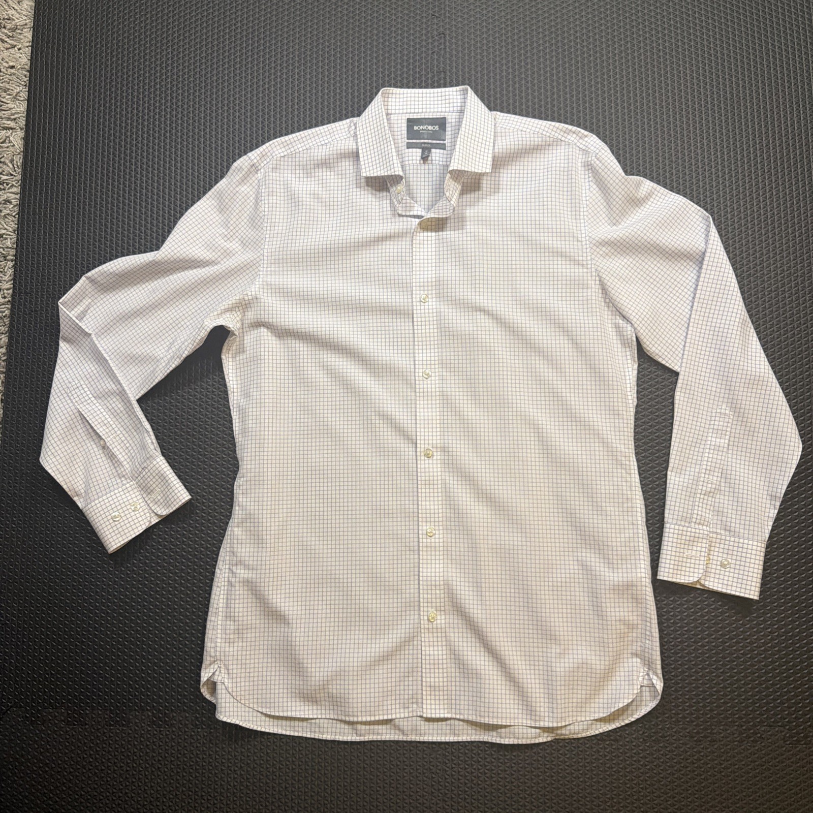 Bonobos Weekday Warrior Dress Shirt Mens 17/36 Slim Fit White with blue check