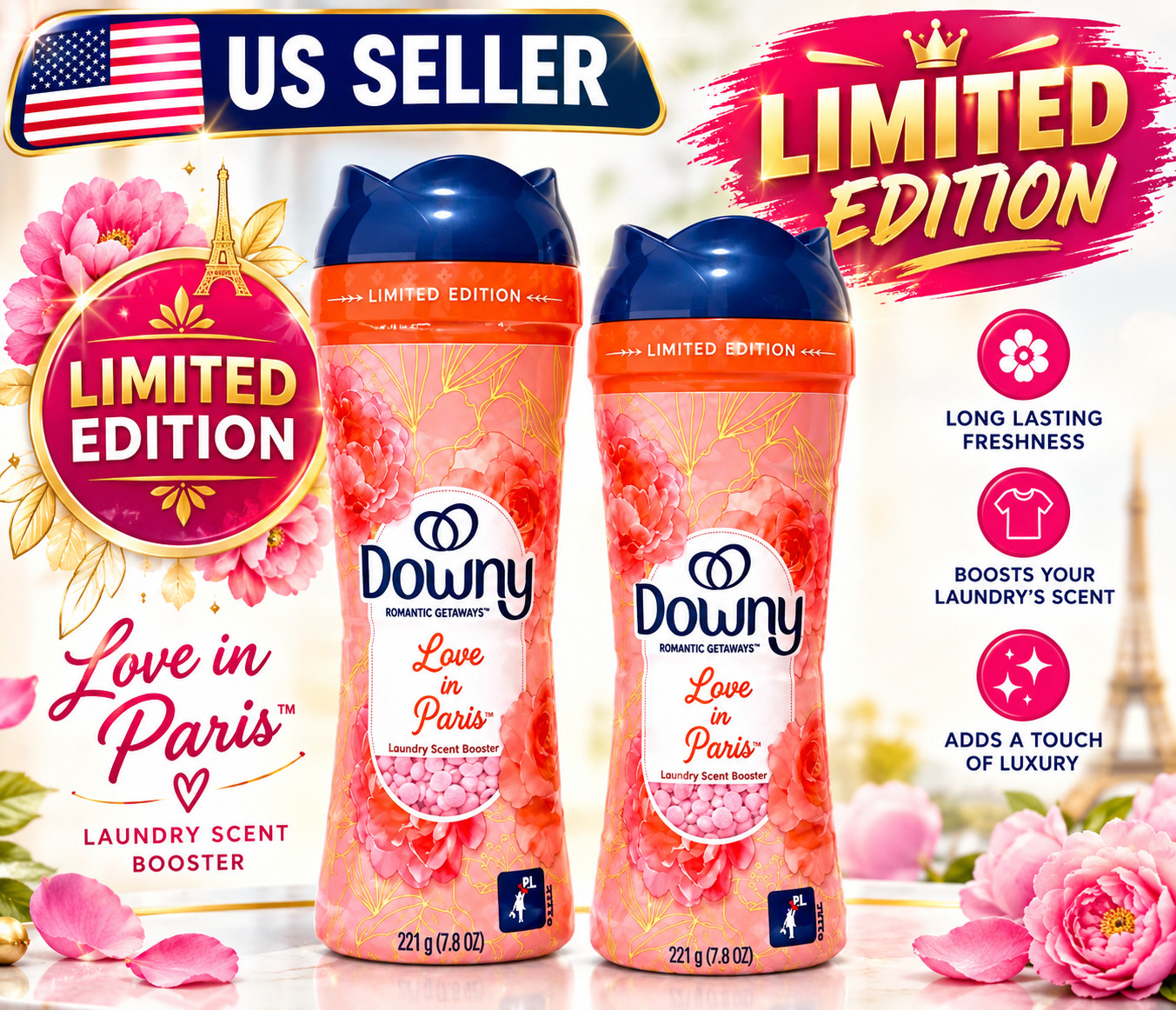 Downy Romantic Getaways Love In Paris Laundry Scent Booster 7.8oz Limited 2 Pack
