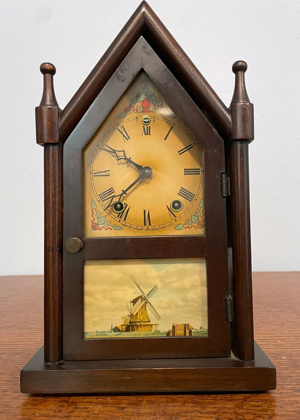 Antique Wm L Gilbert Gothic Steeple Mantel Clock Windmill Glass As Is Repair 11”
