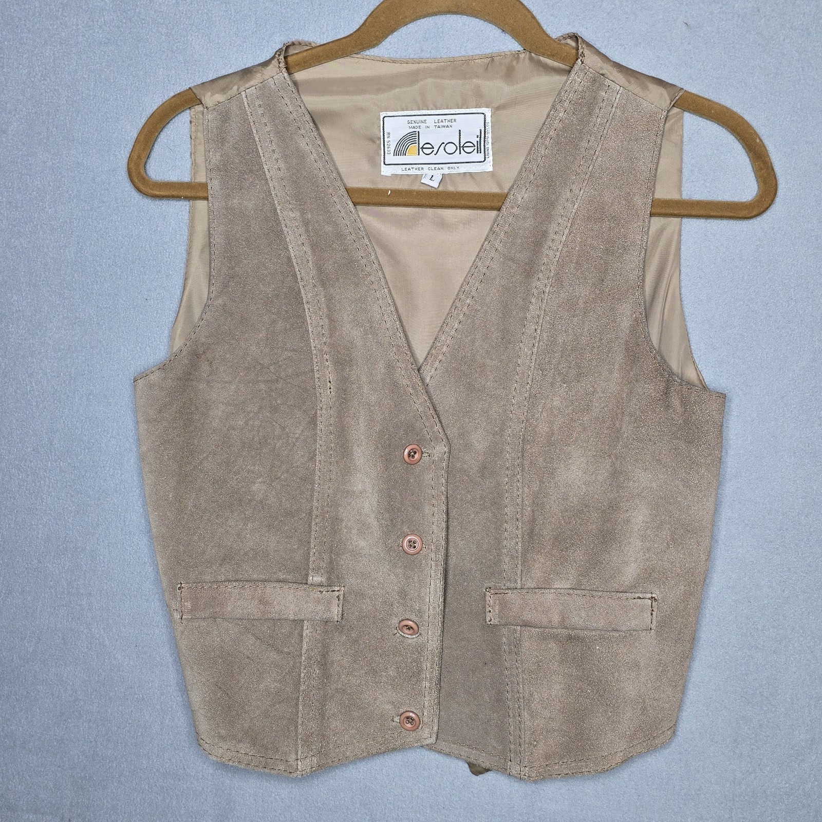 Vtg 70s 80s Le Soleil Genuine Suede Leather Vest Waistcoat L Brown Tan Boho