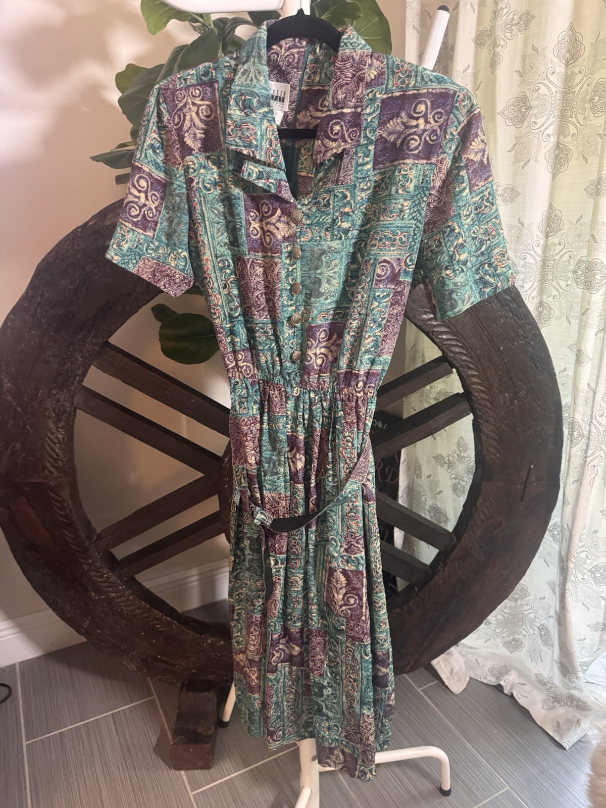 VTG 90s Leslie Fay Midi Shirt Dress Mosaic Paisley Teal Purple With Belt S