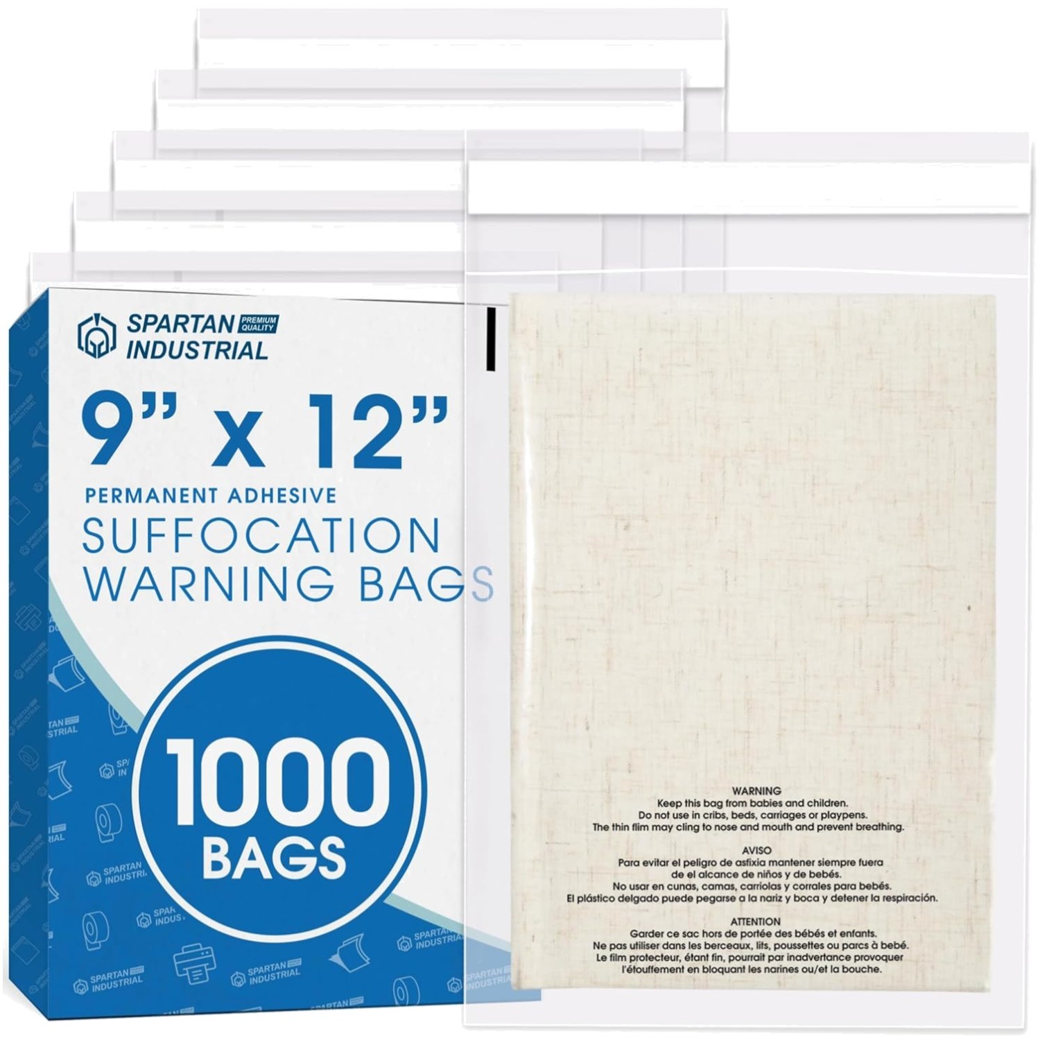 9x12 Clear Self-Sealing Poly Bags, 1000 Count with Printed Suffocation Warning