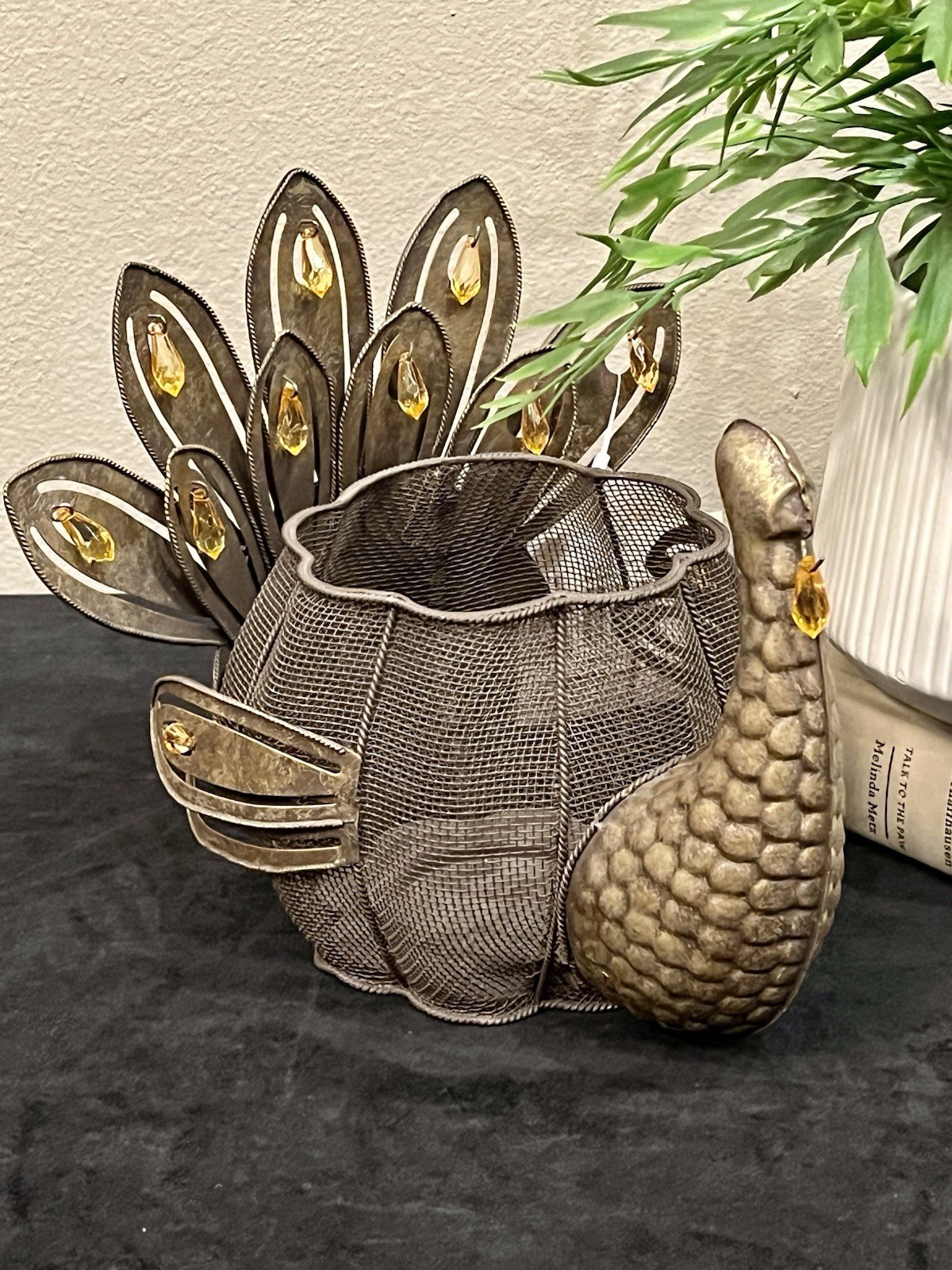 Vintage 2003 Metal Turkey Candle Holder Thanksgiving Fall Decor Amber Jewels