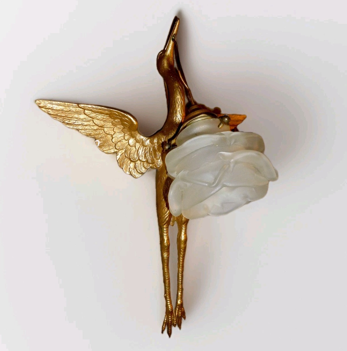 Rare Antique French Sconce Stork with  Satin Blue Flower Shade