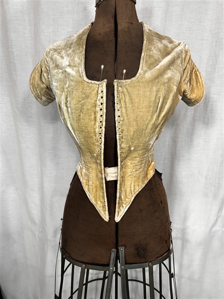 antique bodice lace front pierrot jacket gold velvet stiff bones replica 1780s