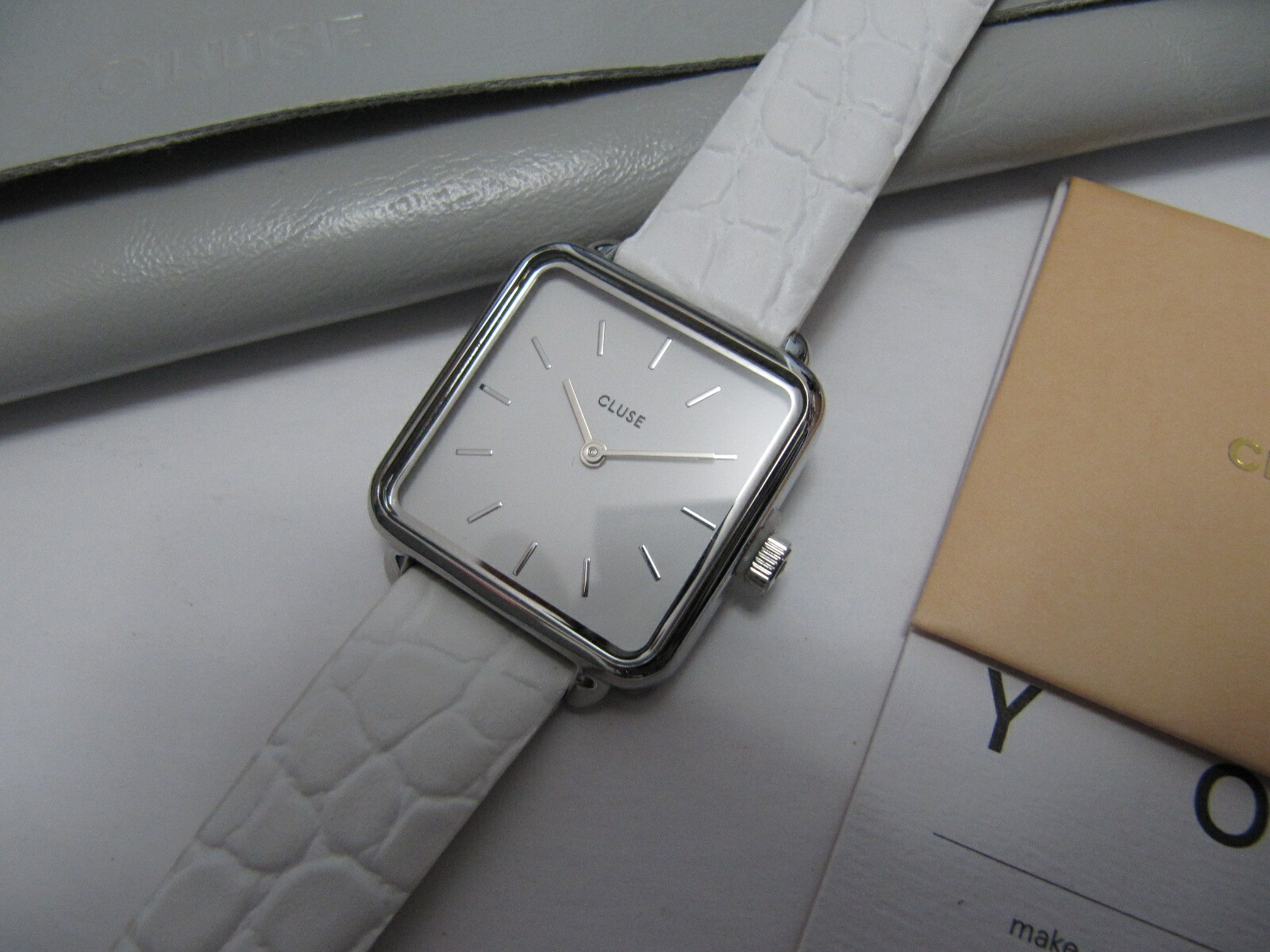 Cluse La Tetragone CL60017 Women Watch Silver Alligator White Leather Strap Cluse La Tetragone CL60017 Women Watch Silver Alligator White Leather Strap
