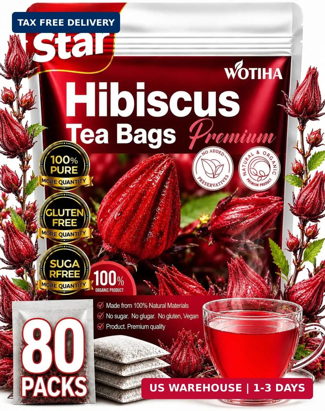 Premium 80 Hibiscus Flowers Tea Bags, 100% Natural, Handmade & Pure from Hibi Premium 80 Hibiscus Flowers Tea Bags, 100% Natural, Handmade & Pure from Hibi