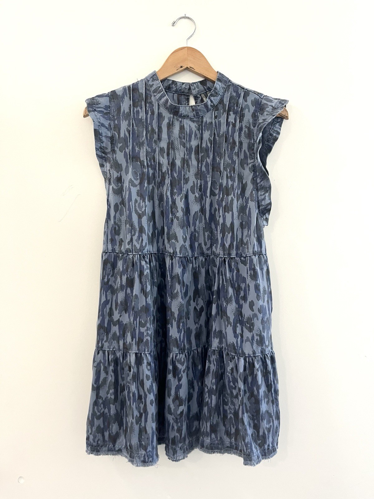 Anthropologie Jenee Tiered Tunic Dress Women’s Medium Blue Leopard Print Boho