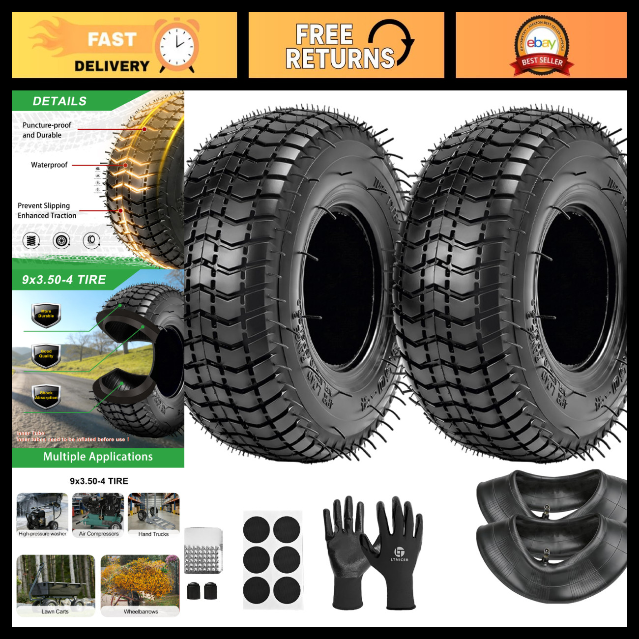 9x3.50-4 Tire & Inner Tube Set, Heavy Duty Butyl for Go Kart, Scooter, Mini Bike