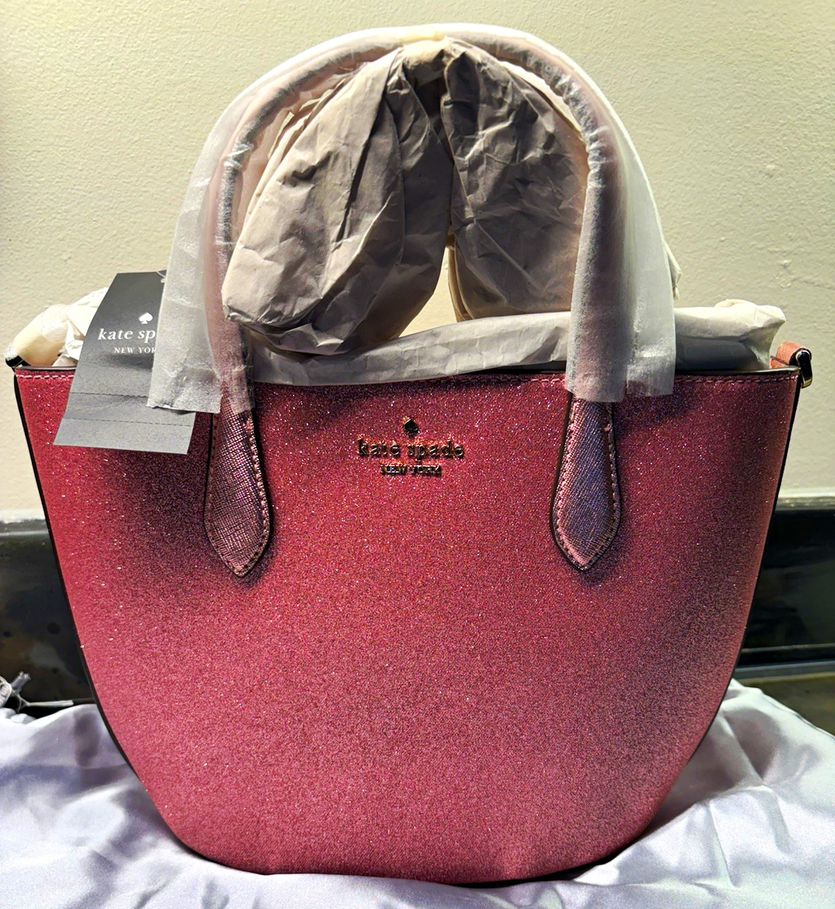 kate spade new york Pink Glitter Top Handle Tote Gold Hardware Logo Brand Card kate spade new york Pink Glitter Top Handle Tote Gold Hardware Logo Brand Card