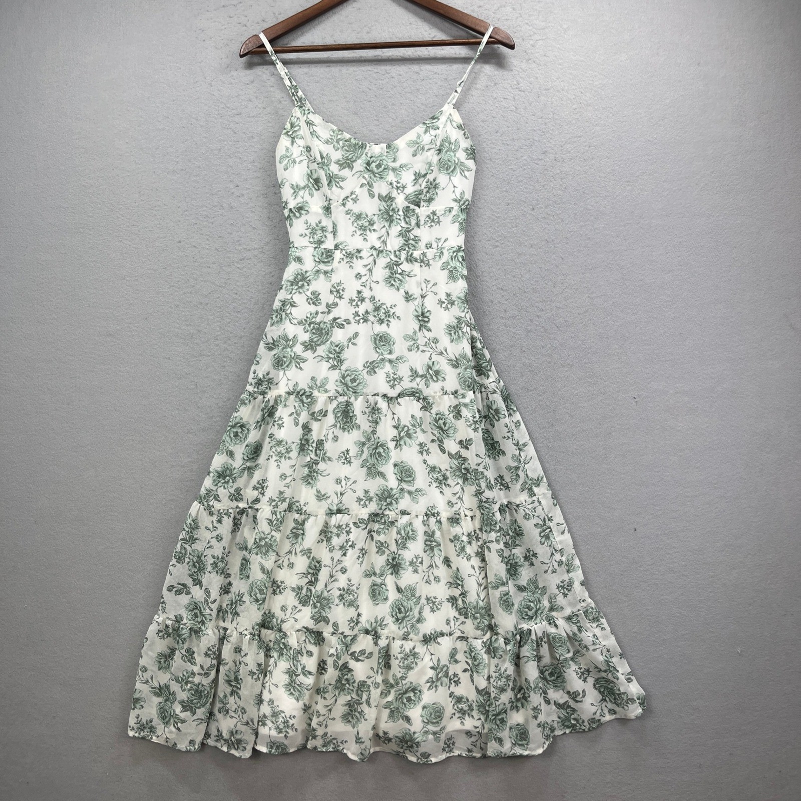 Trixxi Maxi Dress Womens XS White Green Floral Tiered Smocked Back Sundress Boho