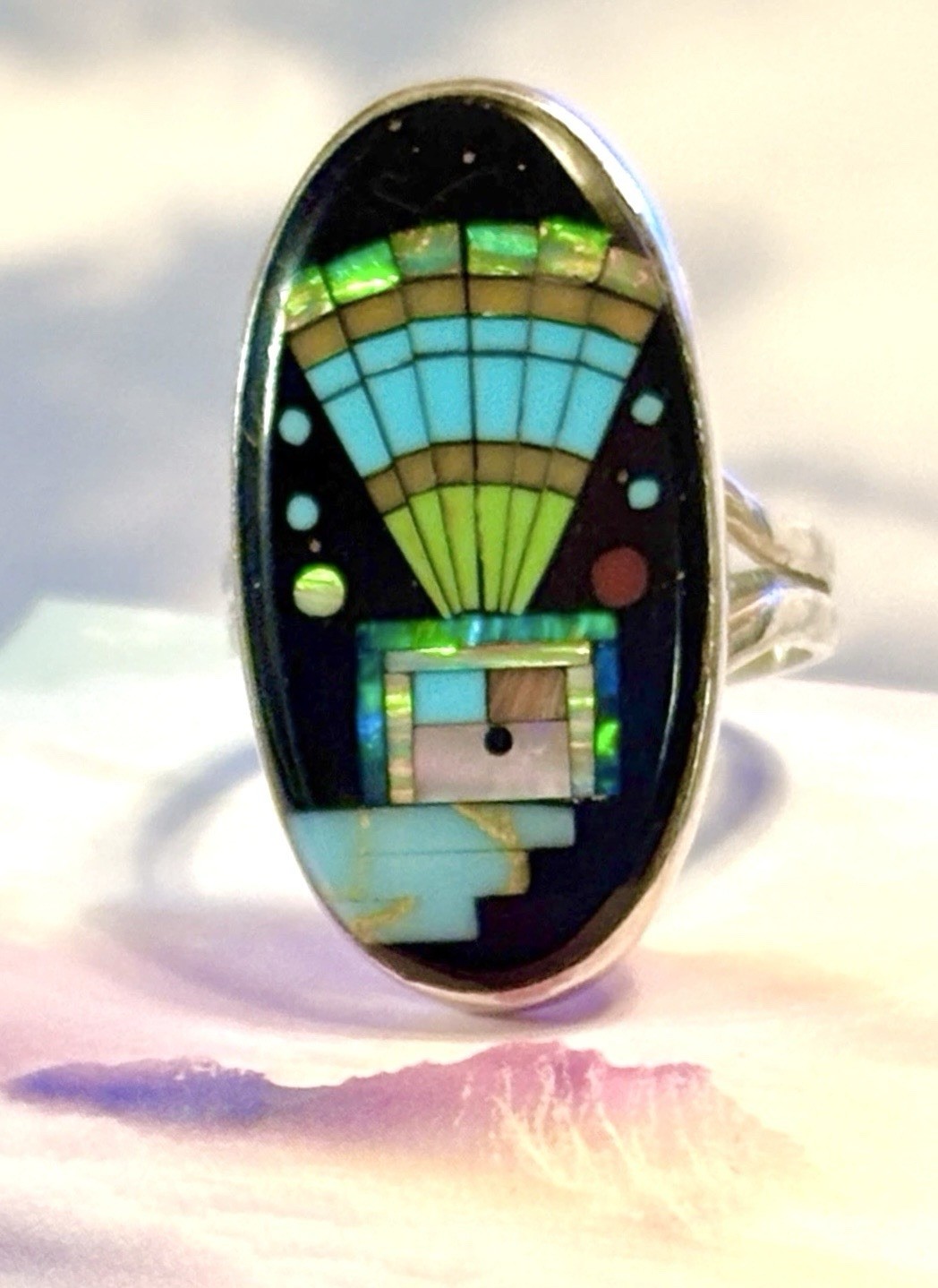 Long Navajo C Tom Sterling Silver Yei Bi Chei GALAXY SKY Opal Turquoise Ring 8