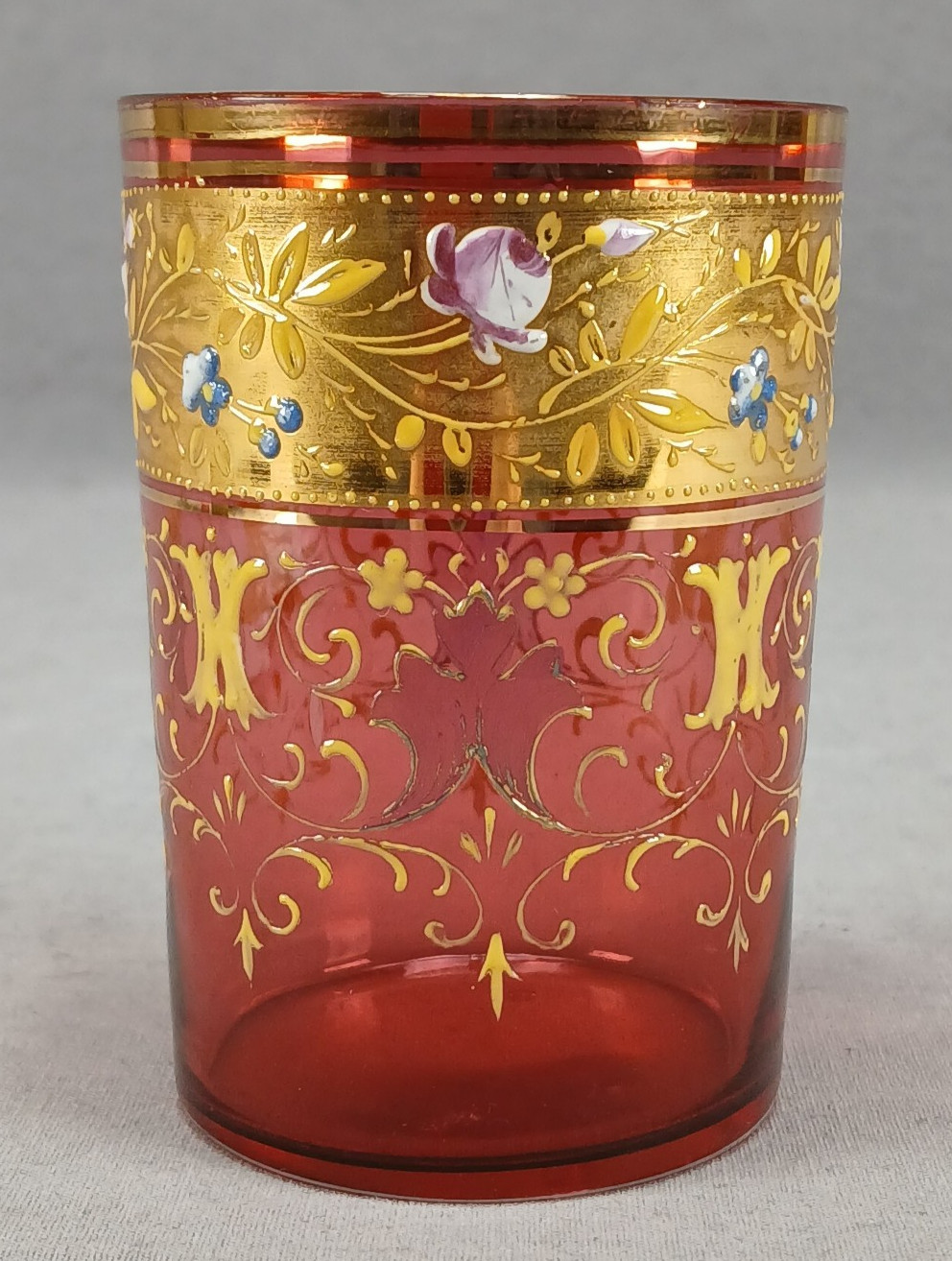 Antique Bohemian Harrach Enameled Floral Scrollwork Gold Cranberry Glass Tumbler