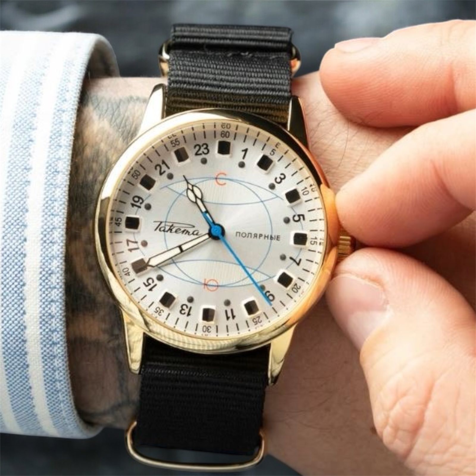 Watch 24h Automatic Polar Wrist Men's Russian Soviet USSR Strap Raketa Golden