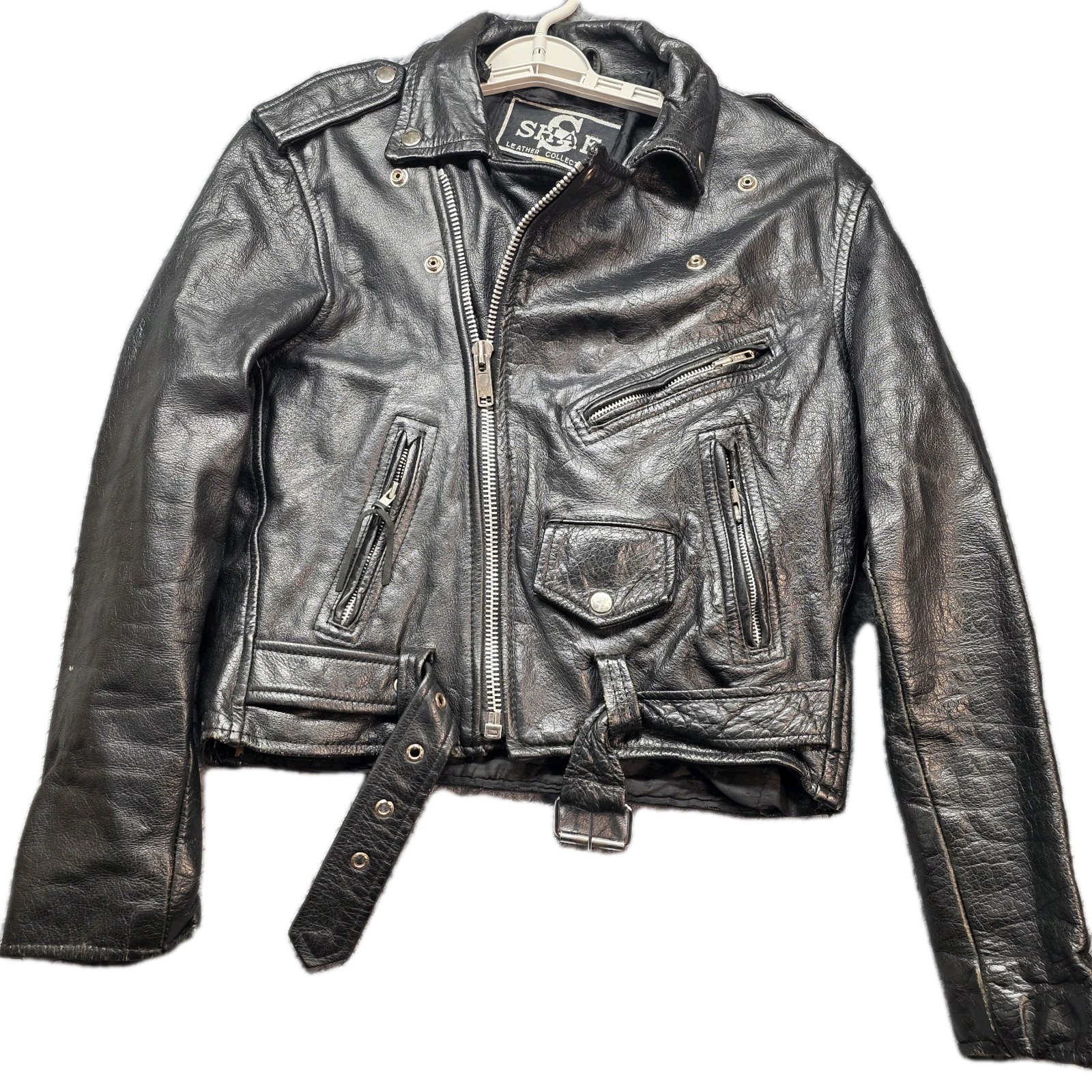 Vintage Shaf Leather Biker Jacket Men\'s Small Black Belted Distressed Motorcycle