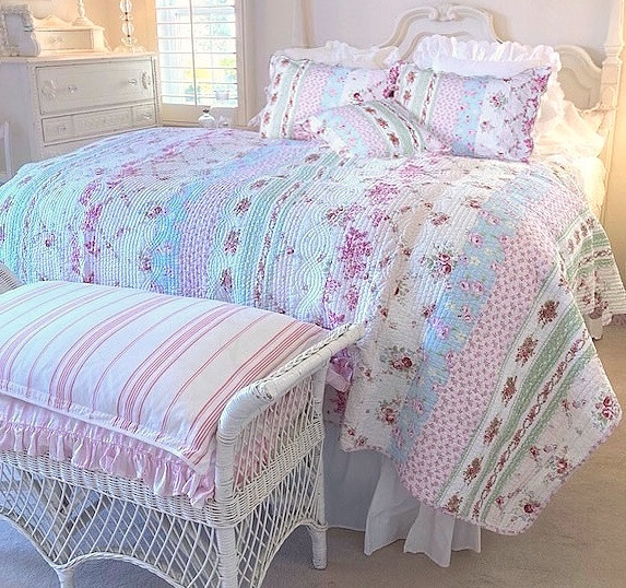 WILD ROSE VINTAGE 3pc King QUILT SET : COTTON COZY COTTAGE PINK GREEN  BLUE