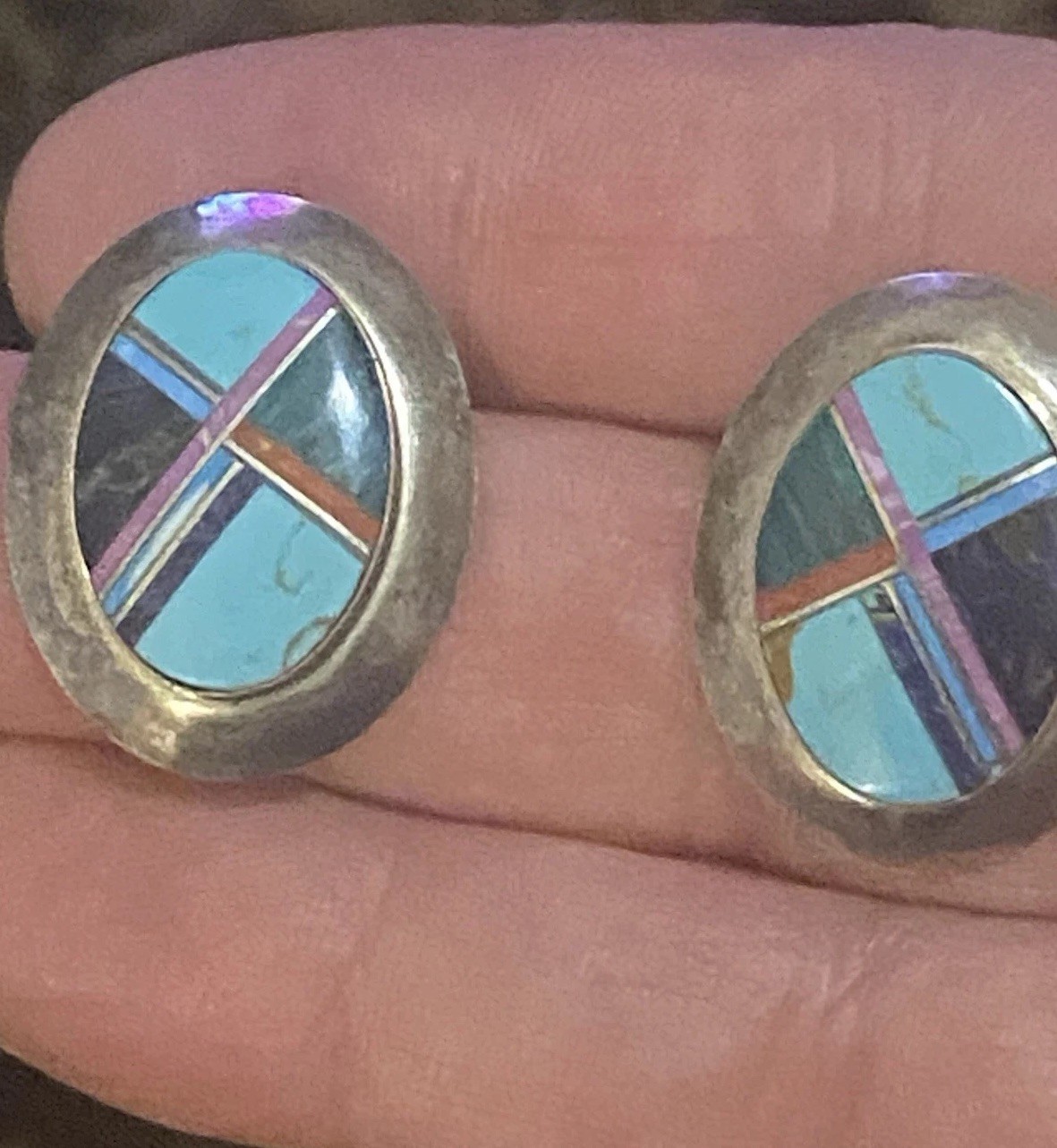 Vintage Native American Zuni Or Navajo Style Geometric Inlay Stones Marked Steel
