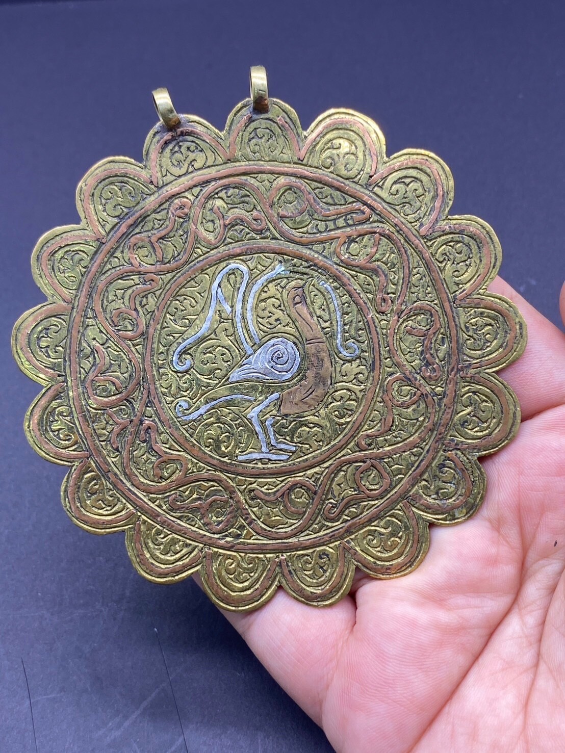 Rare Antique Old Beautiful Islamic Brass With Sliver Inlaid A Bird Statue Amulet