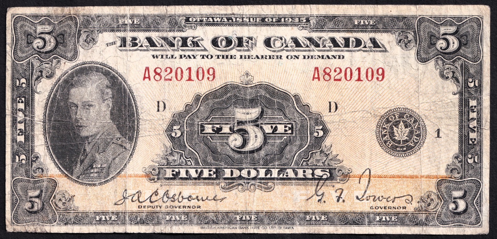 Canada 1935 $5 Five Dollar Banknote Osborne - Towers J/T A 820109 English