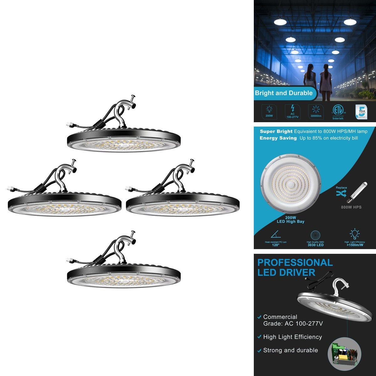 Lightdot 200W LED High Bay Light 28000LM 5000K Daylight ETL 4-Pack US Plug