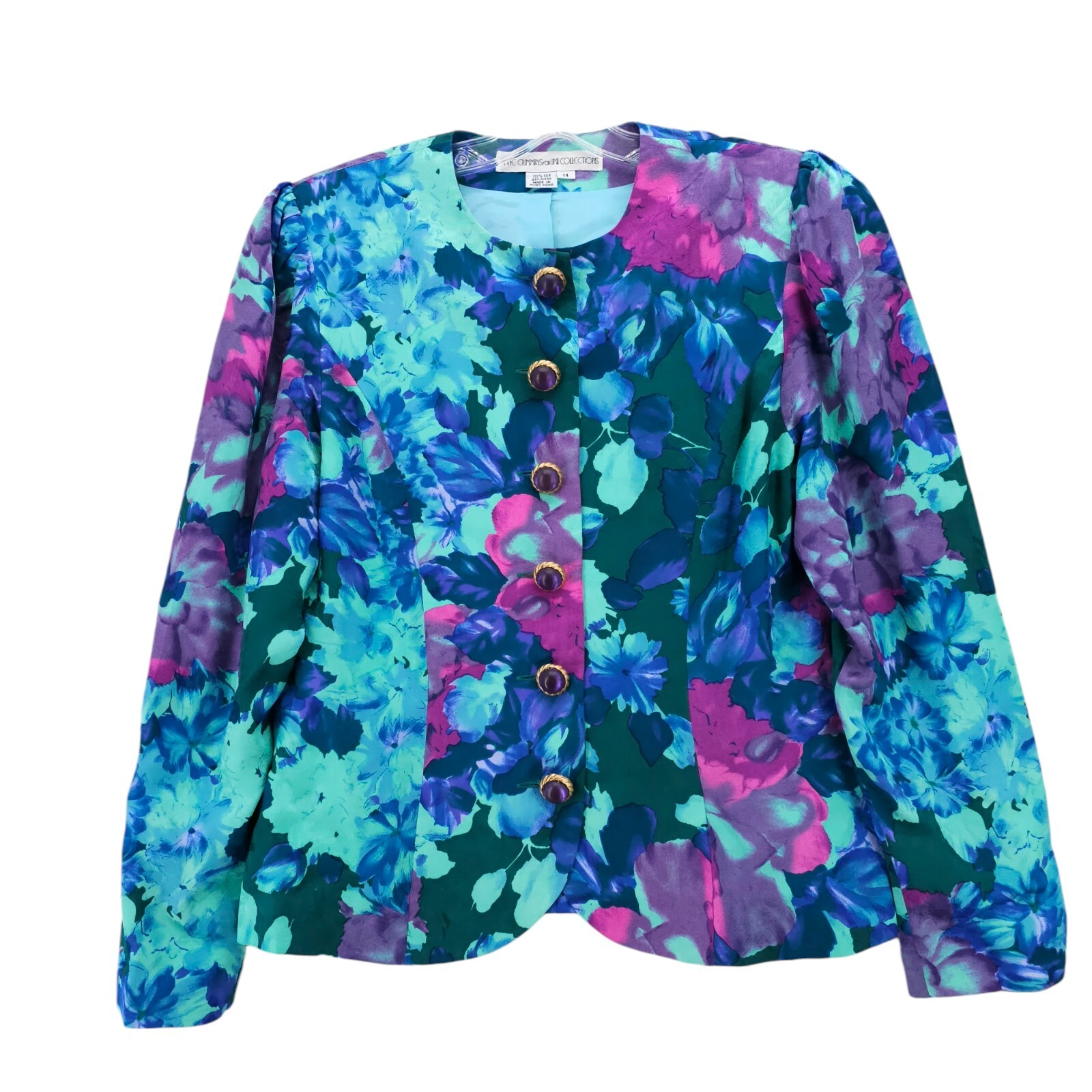 VTG 80s Anne Crimmins Umi Collections 100% Silk Floral Jacket Large Button Sz 14