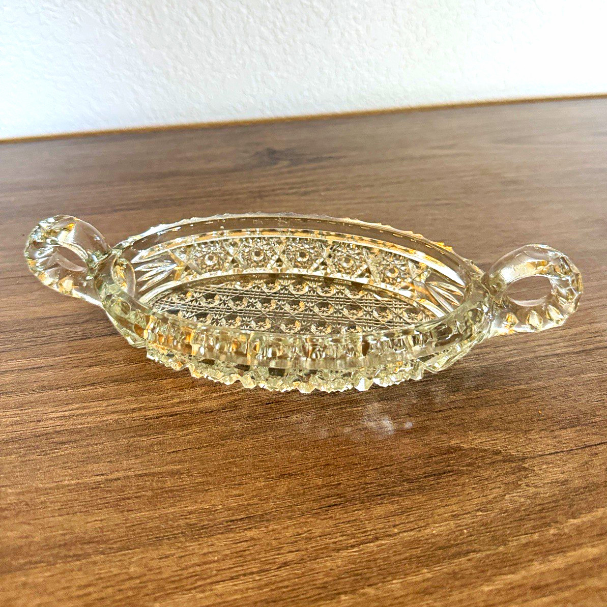 Antique Imperial Glass Nucut Two-Handled Relish Pickle Dish 9.5\