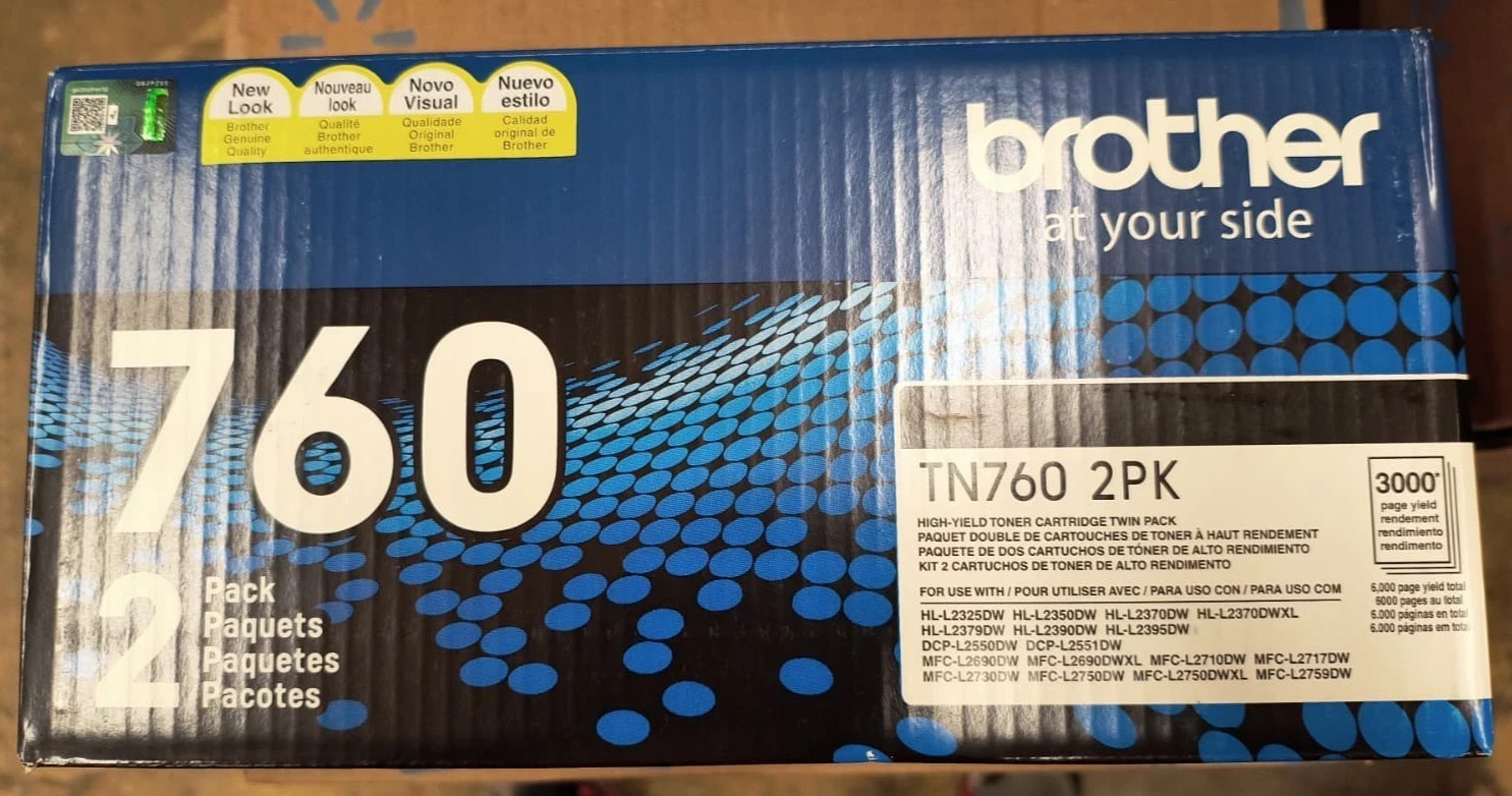 Brother TN760 2PK  Black Ink High-Yield Toner Cartridge - New , P2