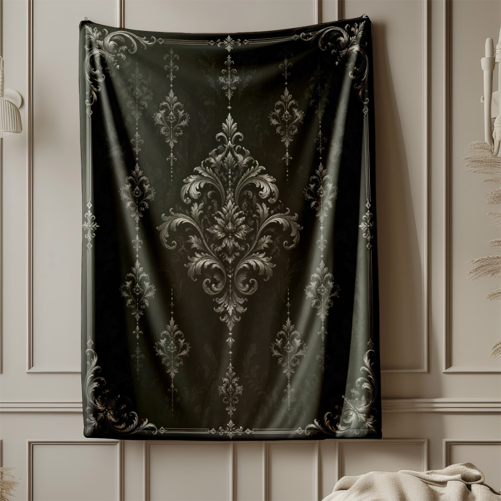 Black Baroque Damask Coral Fleece Blanket Gothic Home Decor