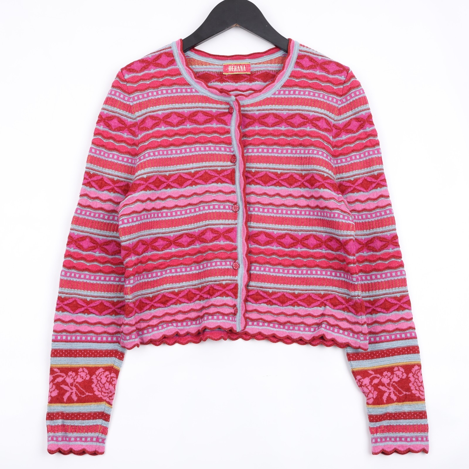 Oleana Women\'s Merino Wool Silk Cardigan Sweater Knit Fair Isle Pink M