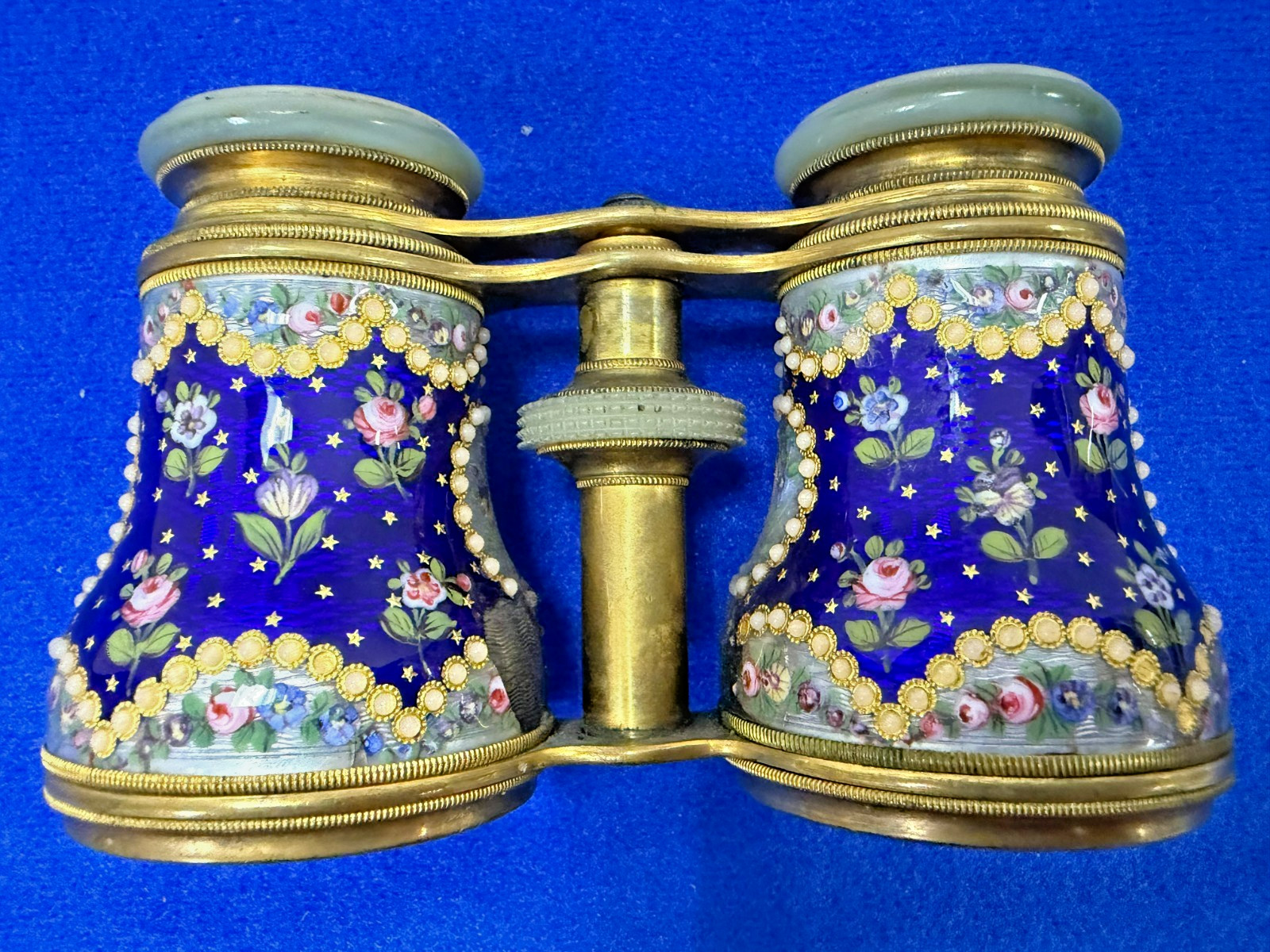 Antique French Paris Cobalt Blue Flowers Hand Painted Enamel Opera Glasses DS43