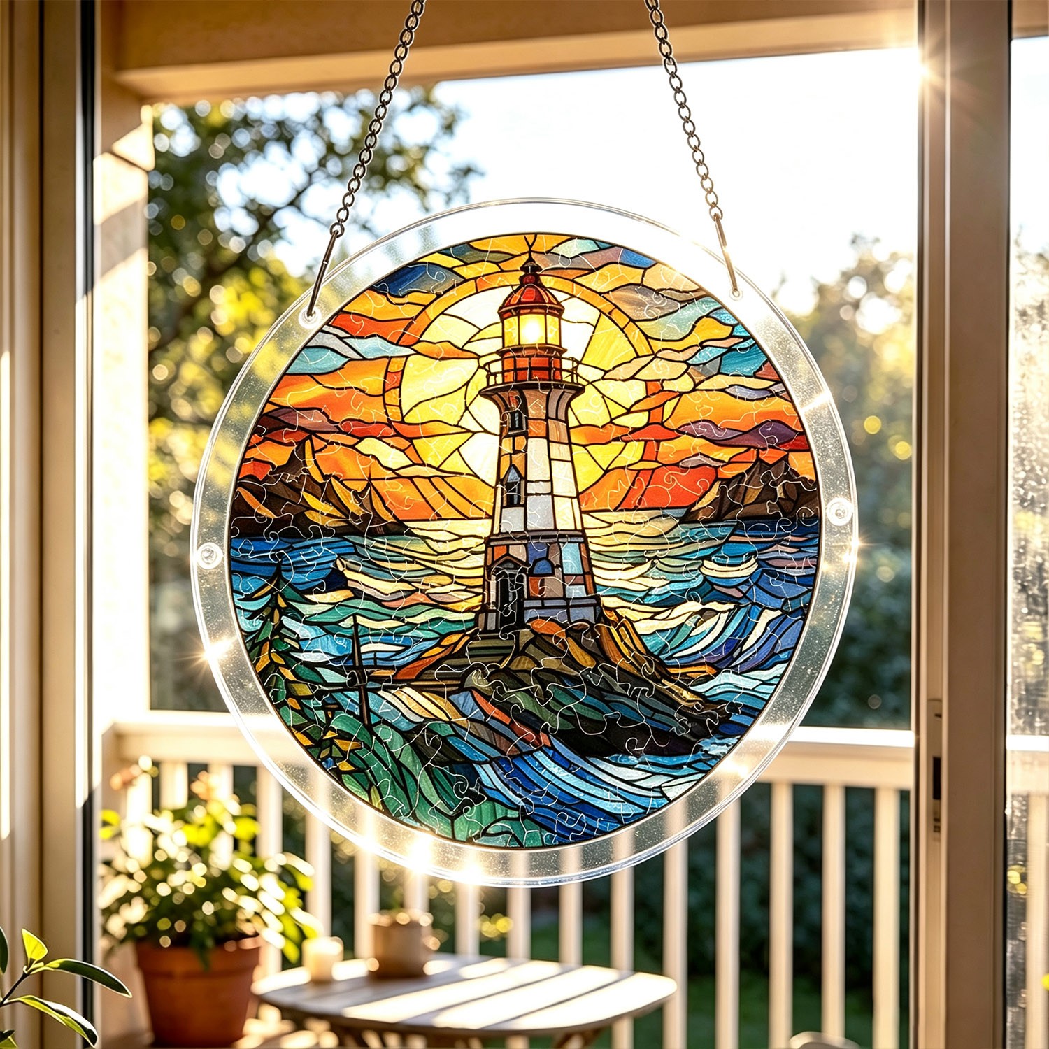 Vintage Coast Lighthouse Dusk Wave Mosaic Acrylic Puzzle Suncatcher Wall Decor