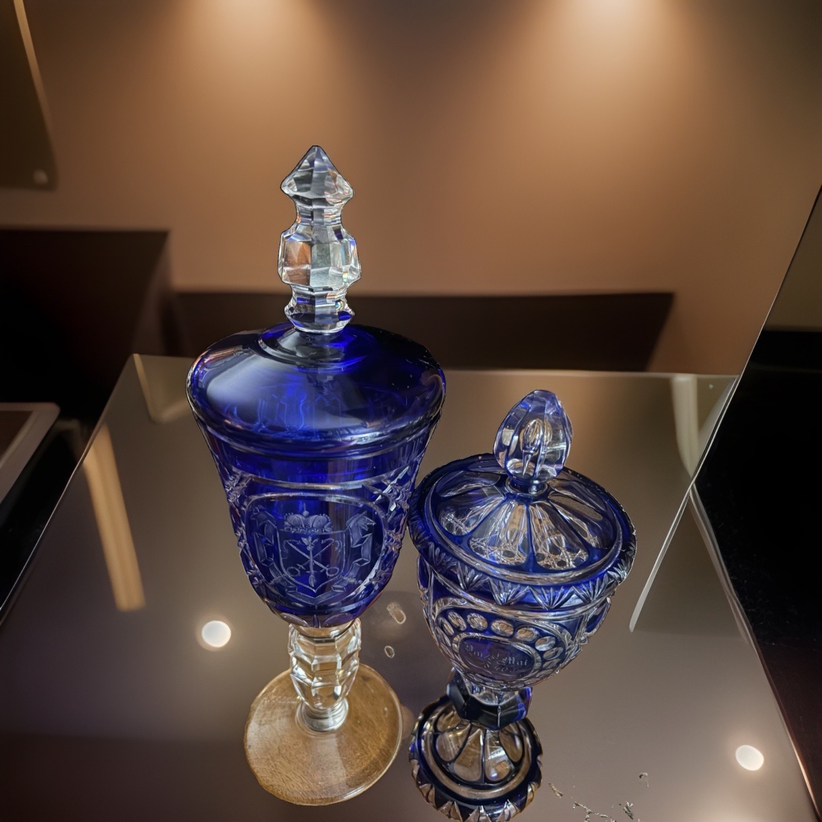 PAIR Bohemian Large Cobalt Blue Cut-to-Clear Crystal 1850s Armorial Compotes PAIR Bohemian Large Cobalt Blue Cut-to-Clear Crystal 1850s Armorial Compotes