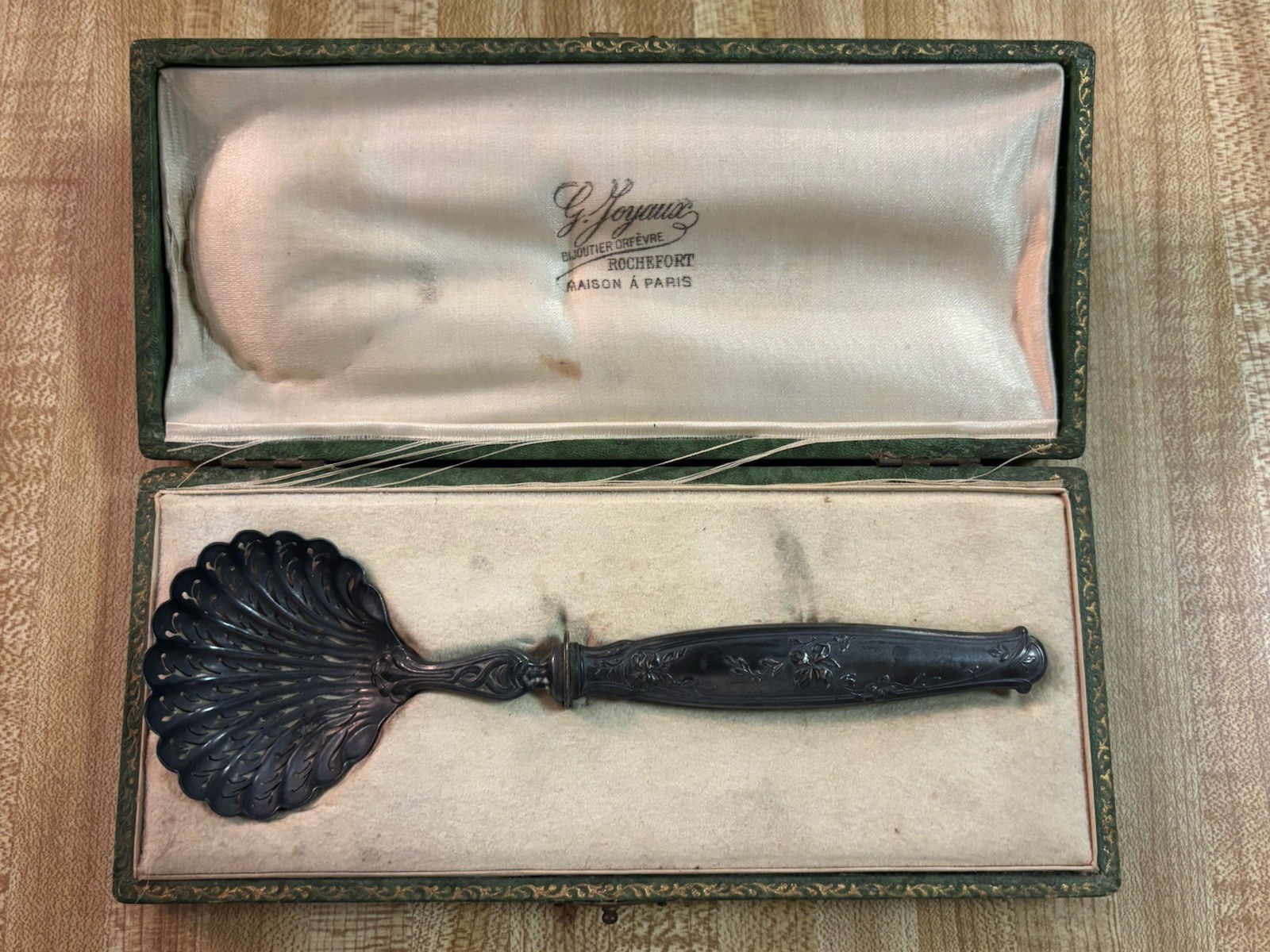 Antique French Silver Sifting Spoon With Ornate Green Case Antique French Silver Sifting Spoon With Ornate Green Case