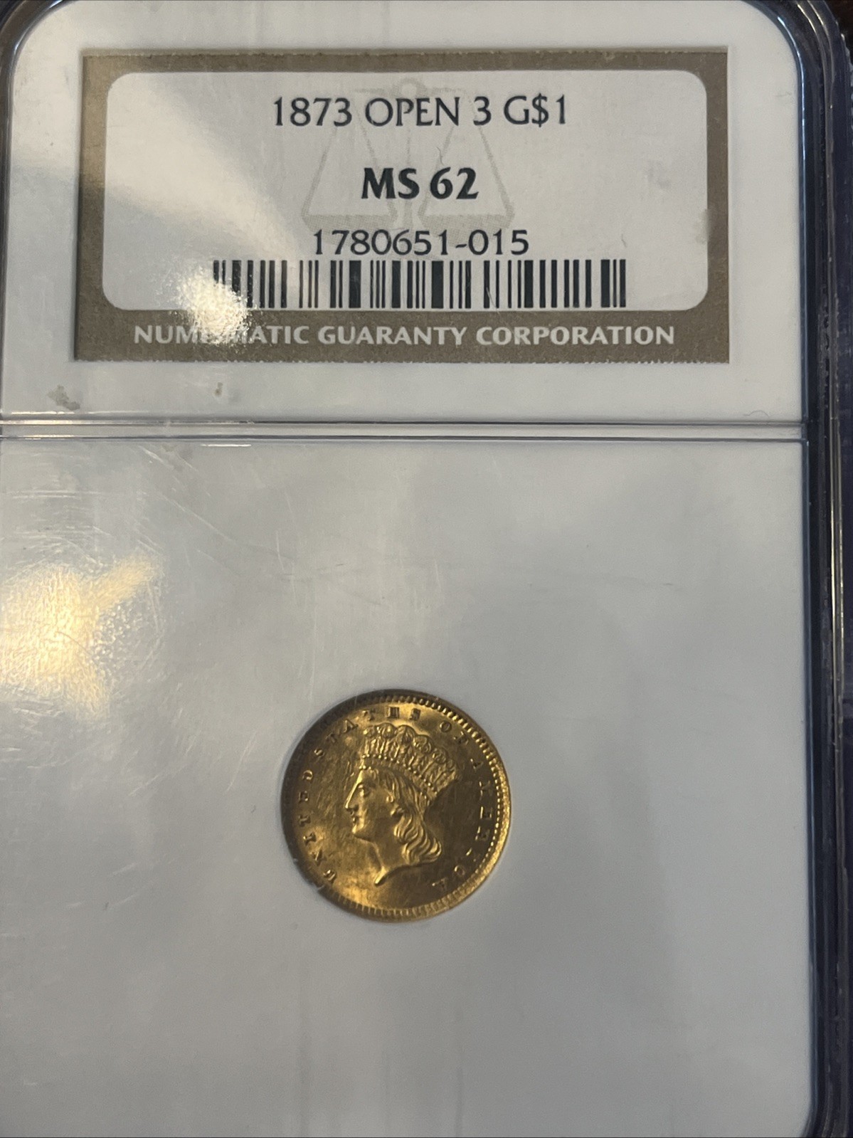 1873 $1 Gold Open 3 MS62