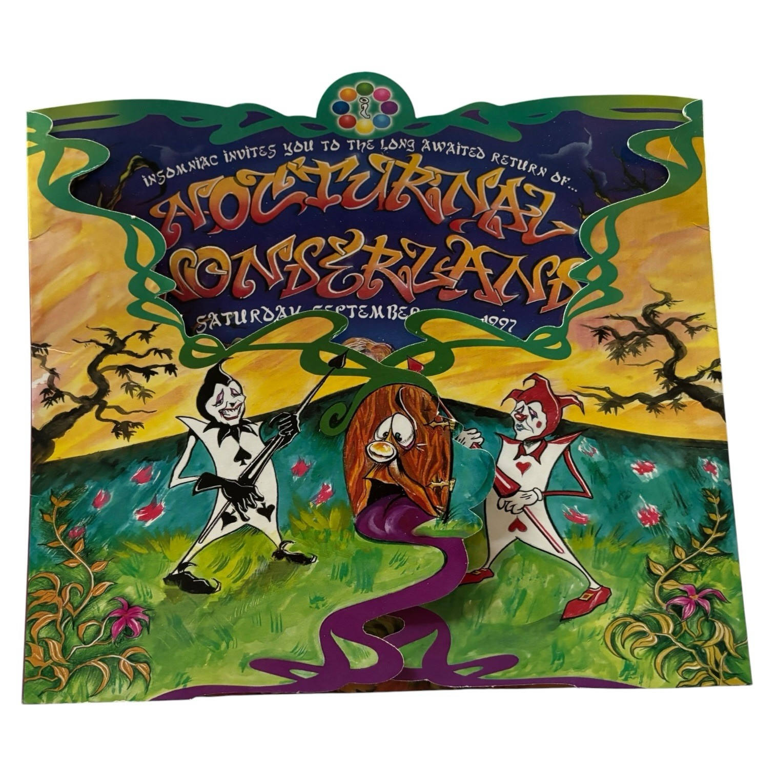VINTAGE 1997 NOCTURNAL WONDERLAND RAVE FLYER INSOMNIAC ALICE IN WONDERLAND ART VINTAGE 1997 NOCTURNAL WONDERLAND RAVE FLYER INSOMNIAC ALICE IN WONDERLAND ART