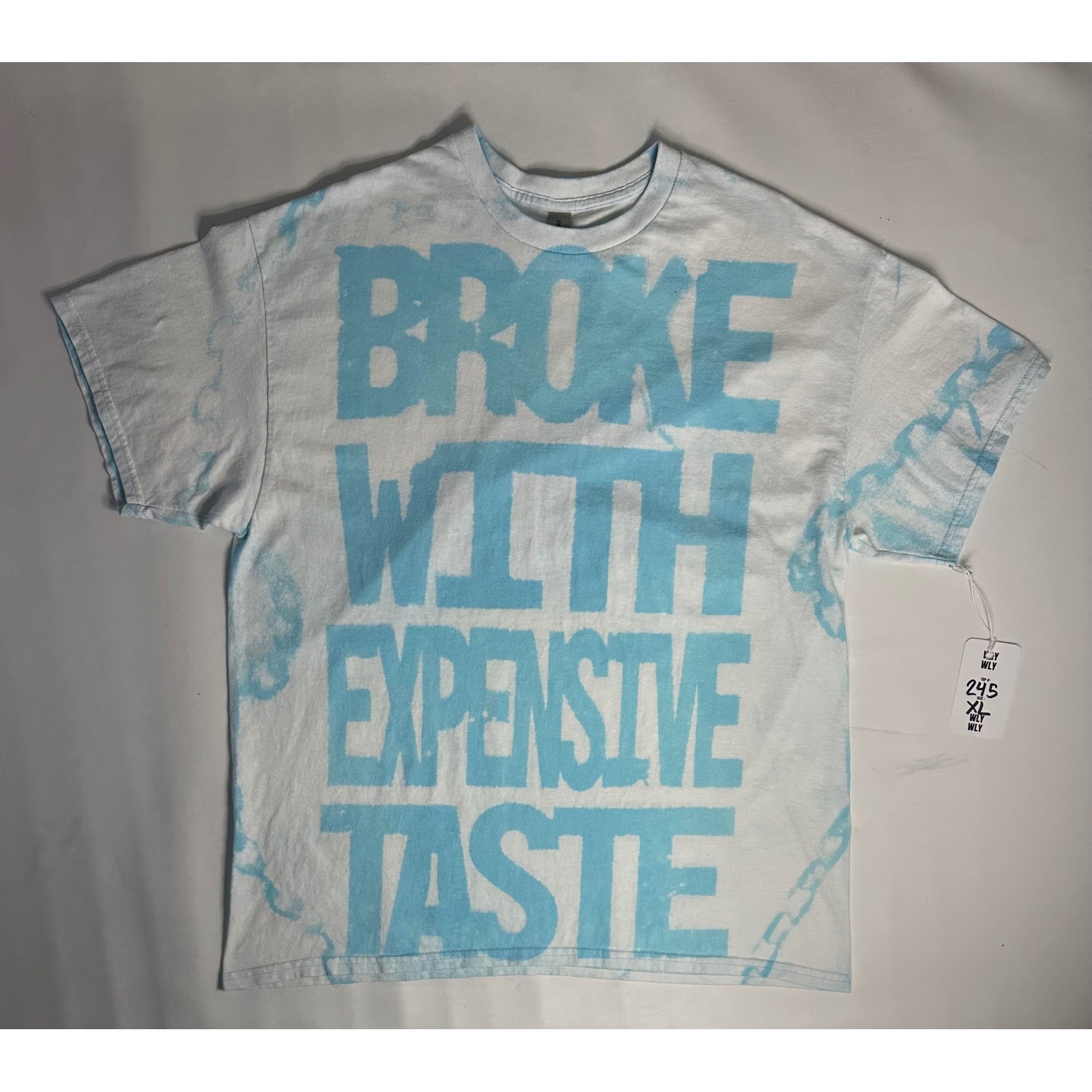 WLYWLY Broke With Expensive Taste Graphic Tee XL Blue White Y2K AOP Streetwear