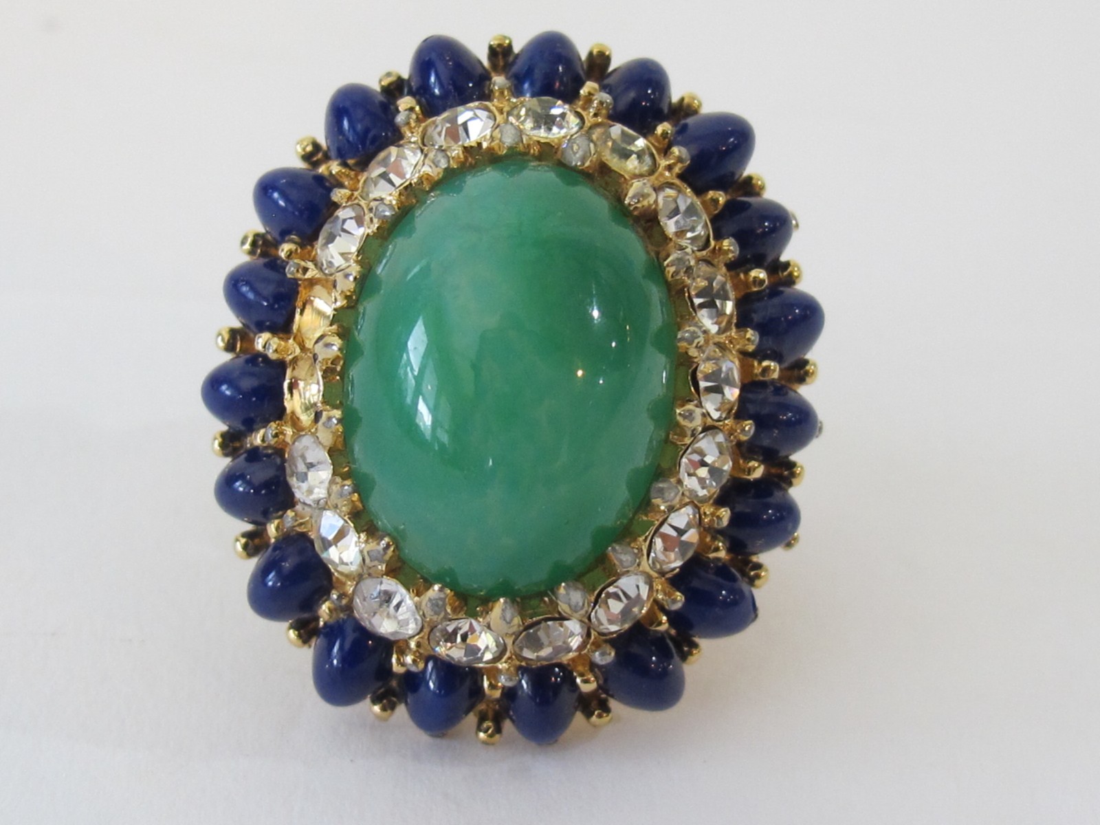 Jomaz Vintage Signed Cocktail Ring COSTUME Green Cabochon Blue & Clear Size 6