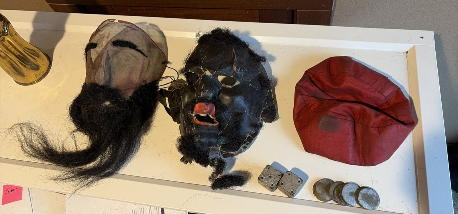 Antique Odd Fellows Ceremonial Mask Hand Painted Wire Mesh C. 1900 Hat Dice LOT Antique Odd Fellows Ceremonial Mask Hand Painted Wire Mesh C. 1900 Hat Dice LOT