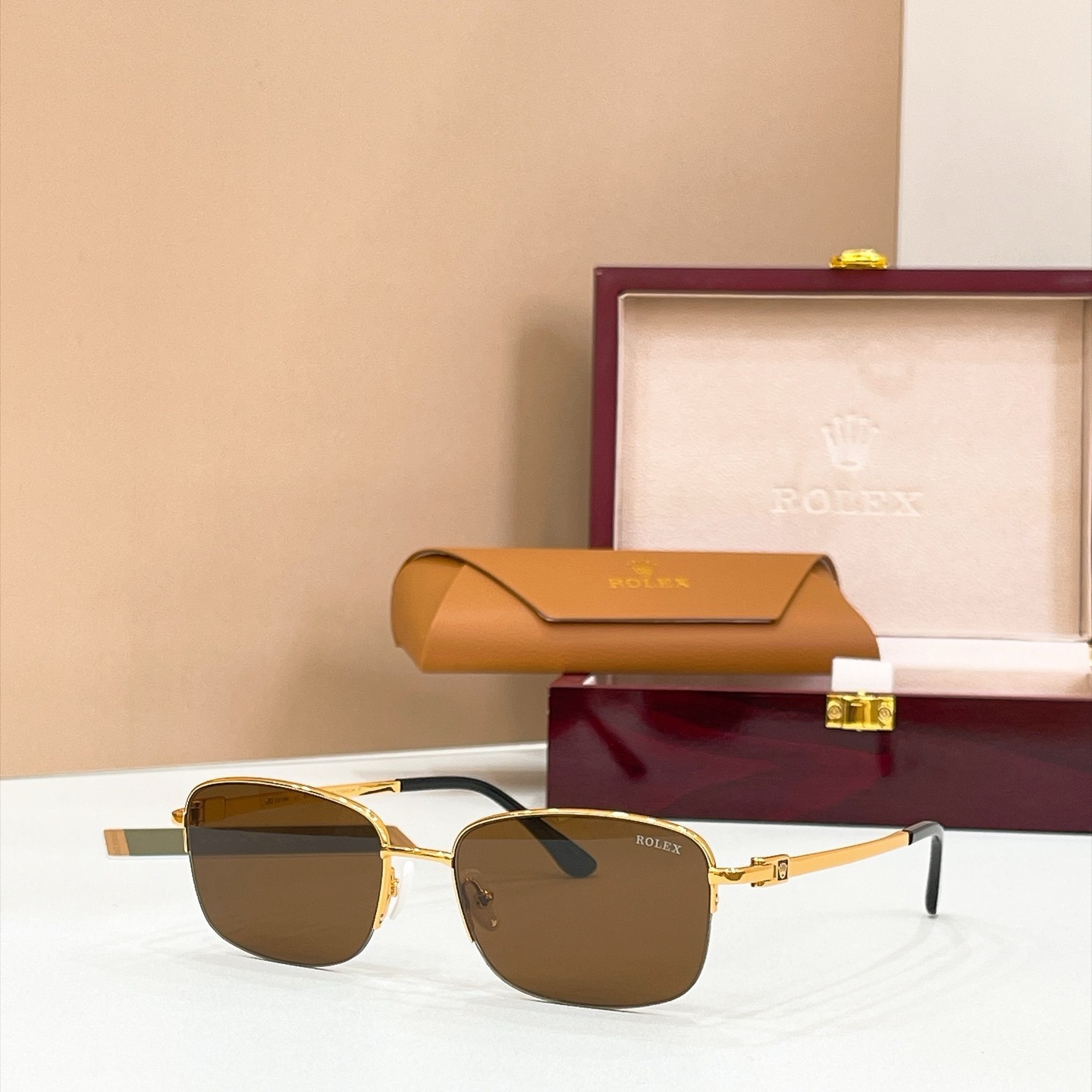 Rolex SS1164 Rectangle Sunglasses Gold Brown Lens 55-18-143 With New Case