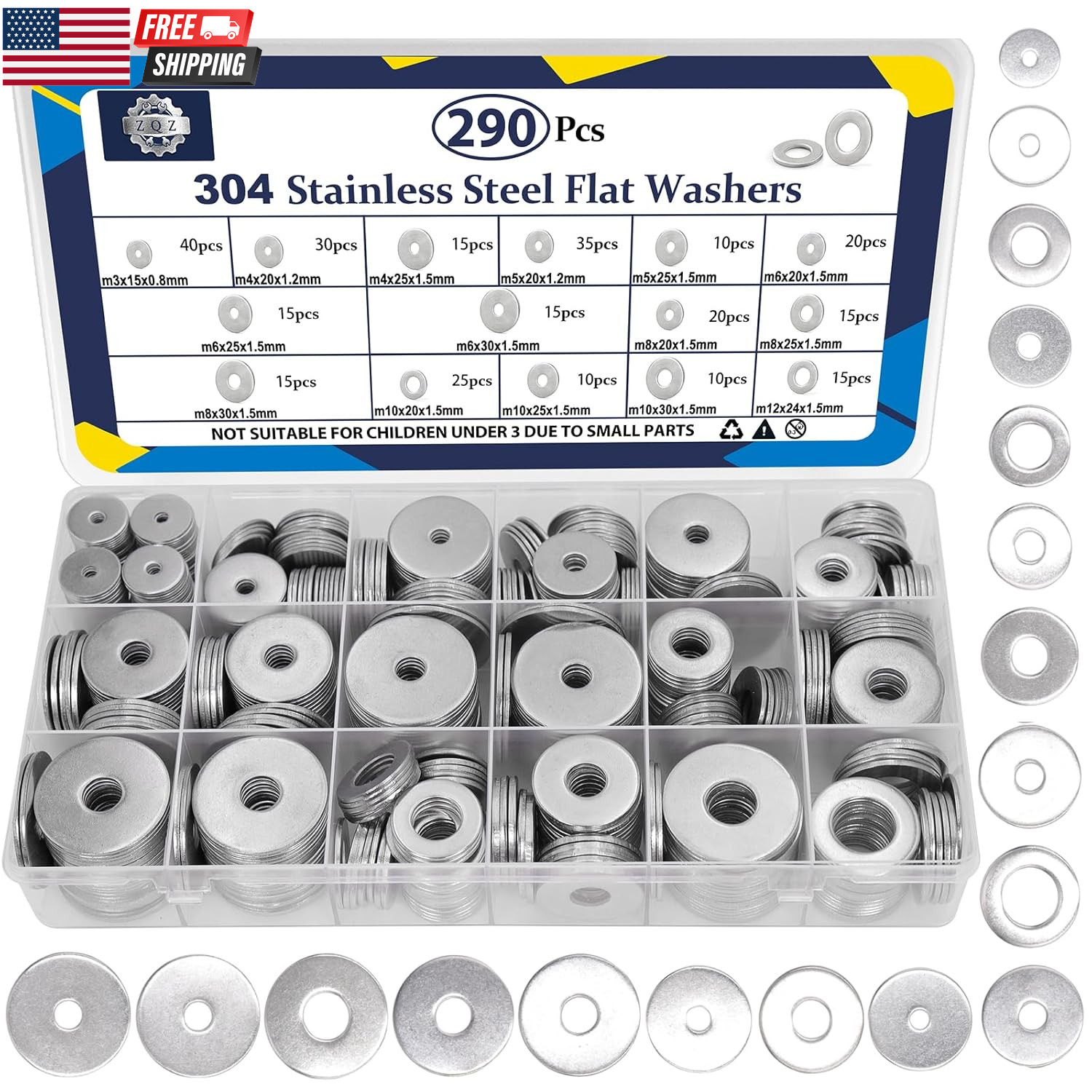 290Pcs Flat Washers, 304 Stainless Steel Fender Washers Assortment, 15 Different