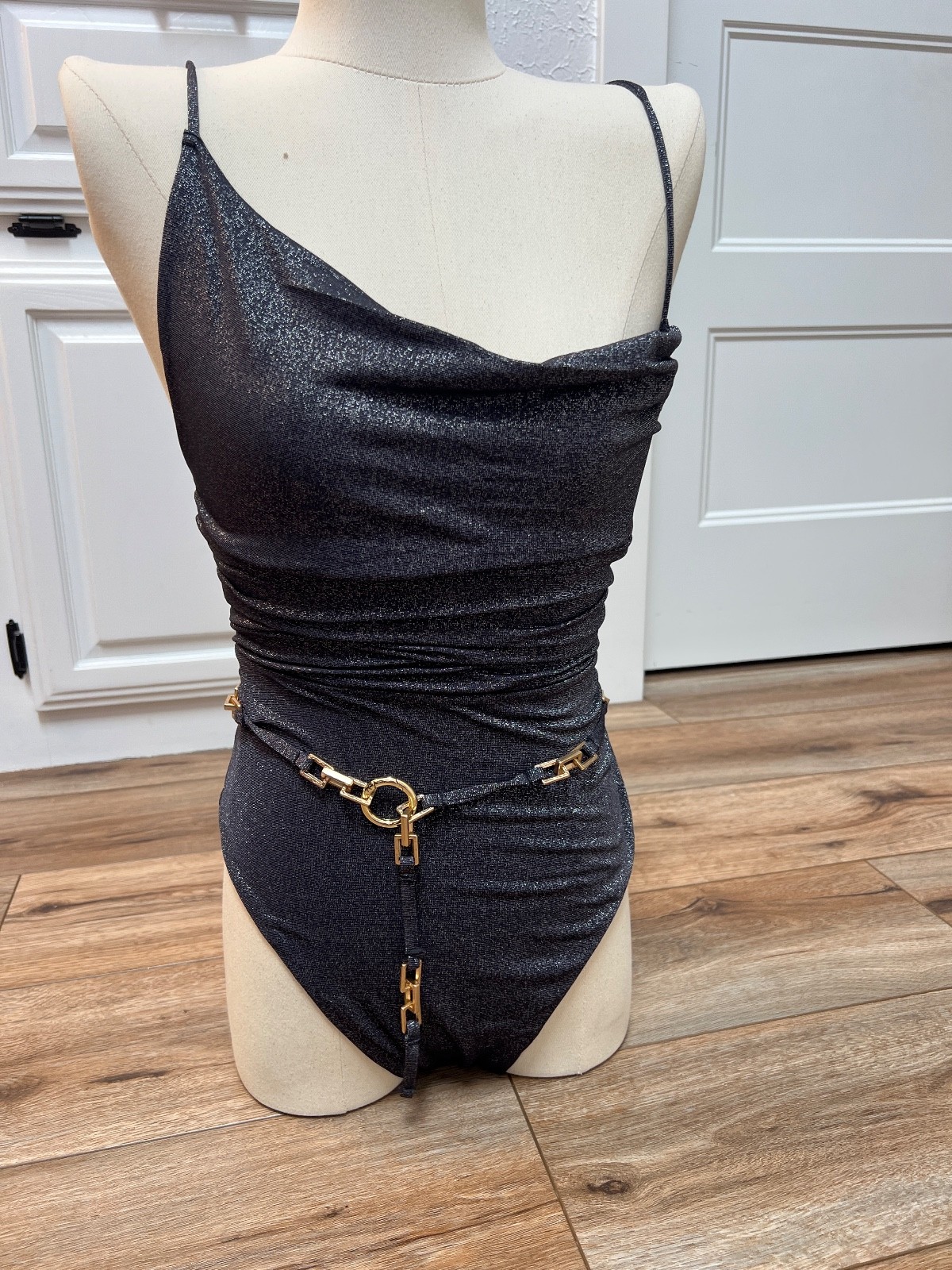 Revel Rey Swimsuit Black Lurex  Dupont Belted Metallic One Piece  Size S Women