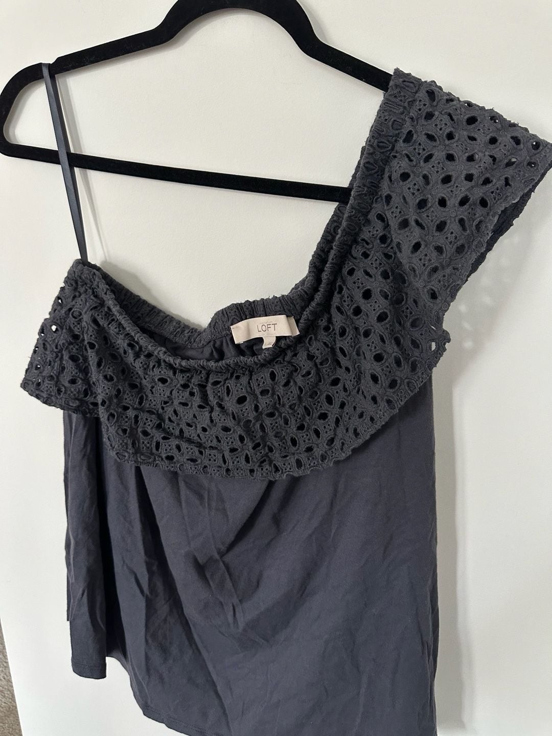 100% Cotton LOFT Black Eyelet One Shoulder Ruffle Top Blouse Size L