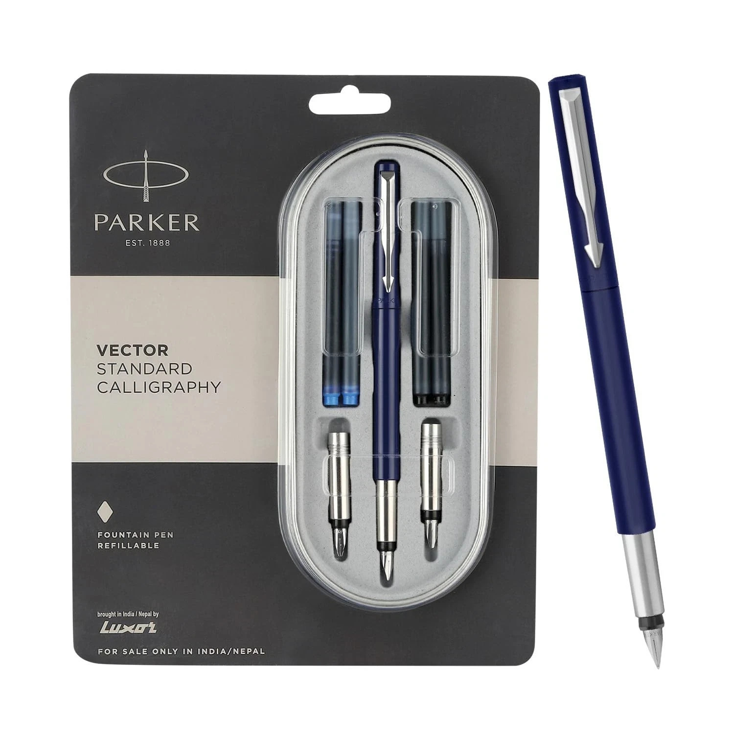 Parker Vector Standard Chrome Trim Calligraphy Fountain Pen 7-Piece Set