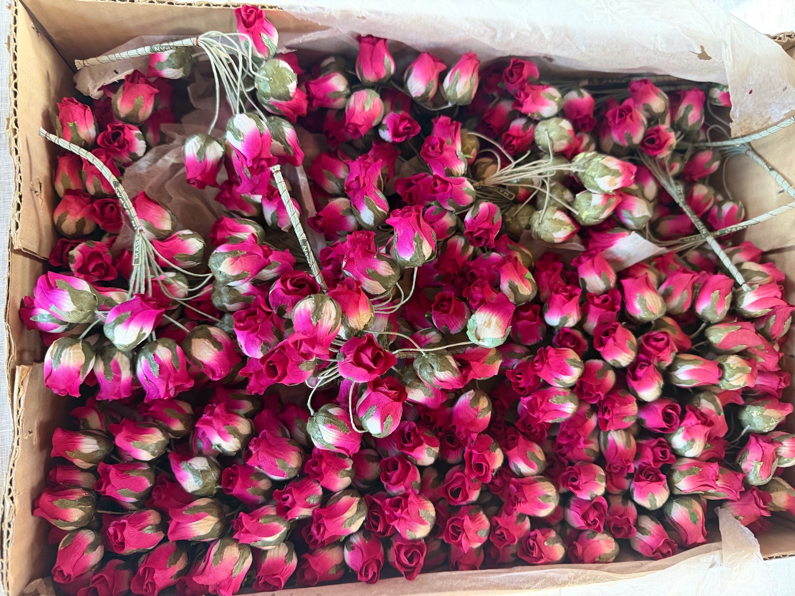 BOX of Vintage Fabric Millinery Roses New Old Stock BOX of Vintage Fabric Millinery Roses New Old Stock