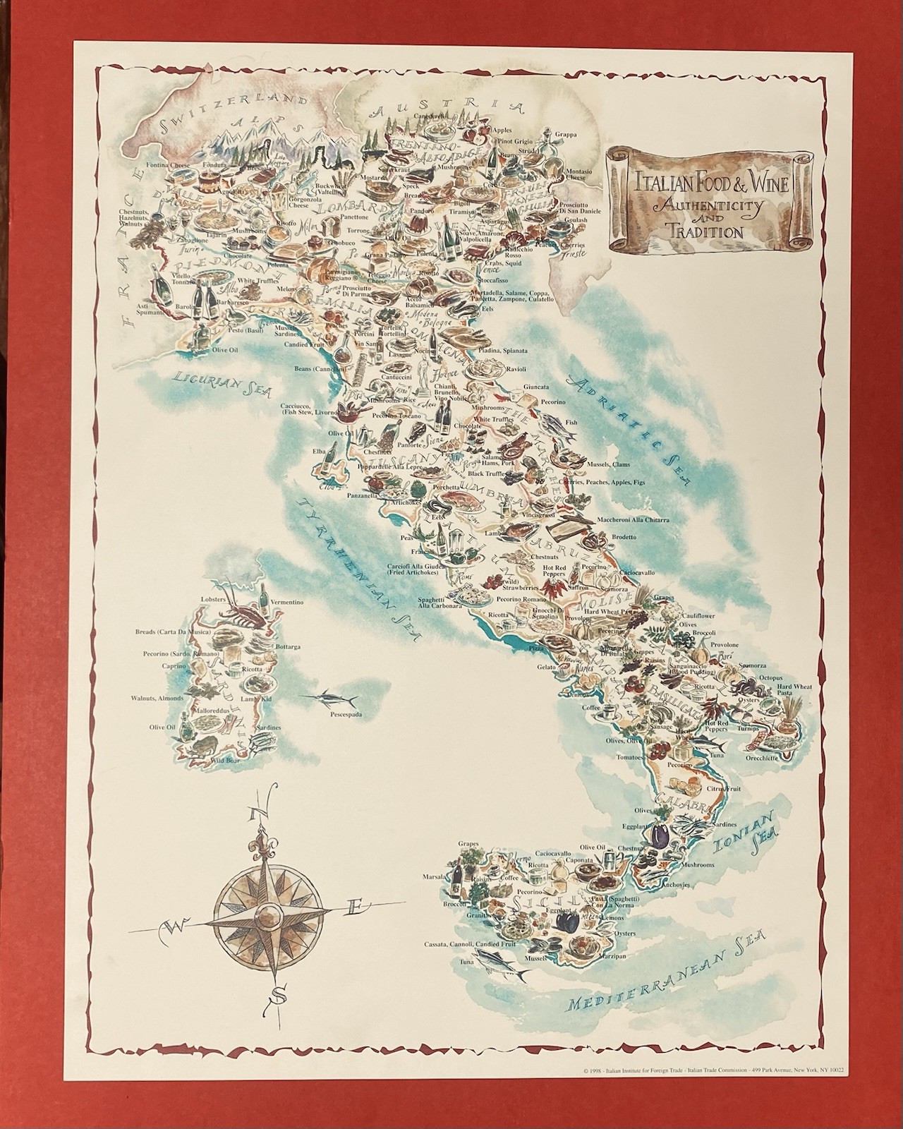 VTG 1998 Authentic Pictorial Map Of Italy Food & Wine Authenticity Art VTG 1998 Authentic Pictorial Map Of Italy Food & Wine Authenticity Art