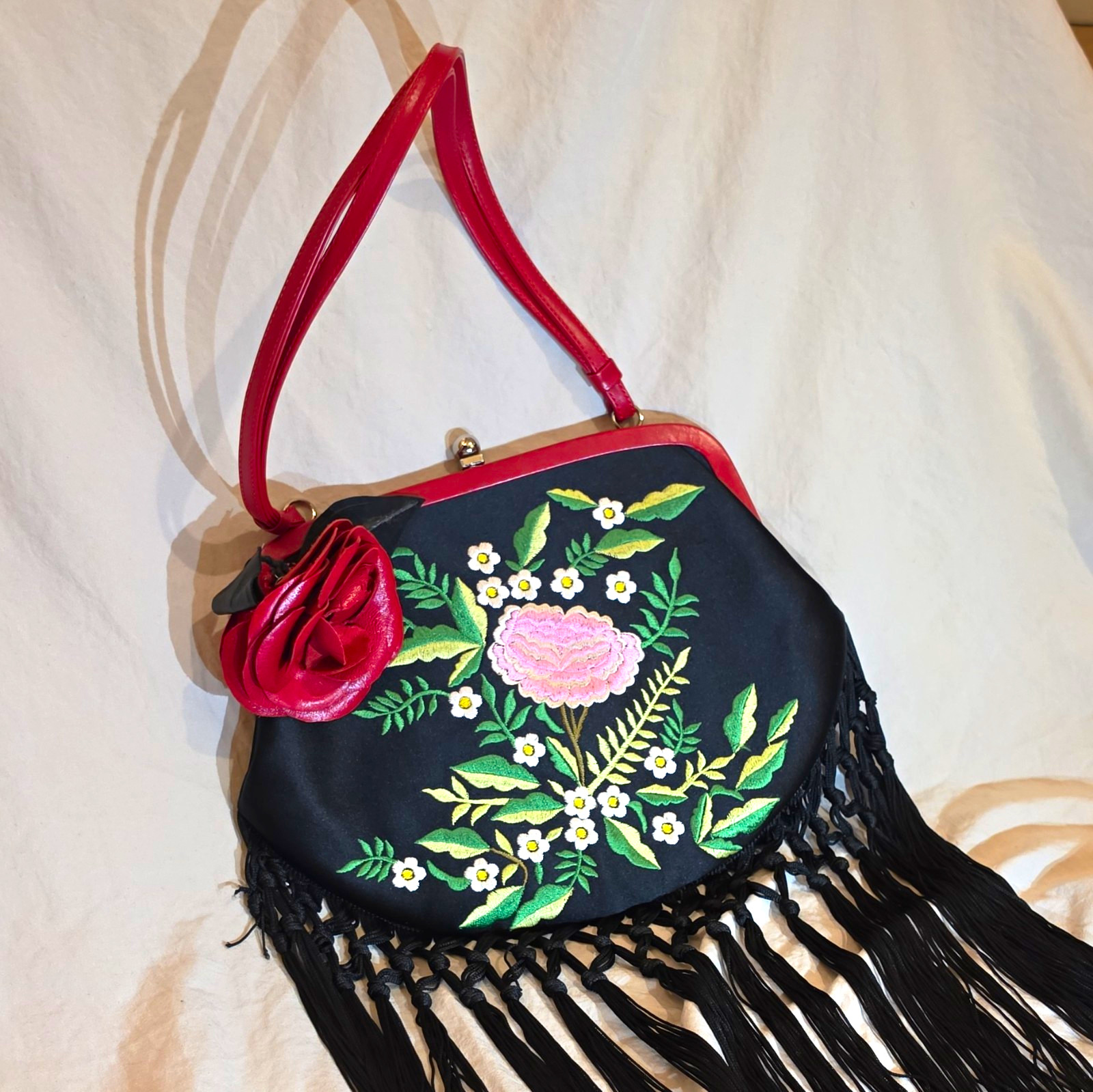 Vintage Moschino S/S 2001 Embroidered Floral Satin Fringe Shoulder Bag Italy Vintage Moschino S/S 2001 Embroidered Floral Satin Fringe Shoulder Bag Italy