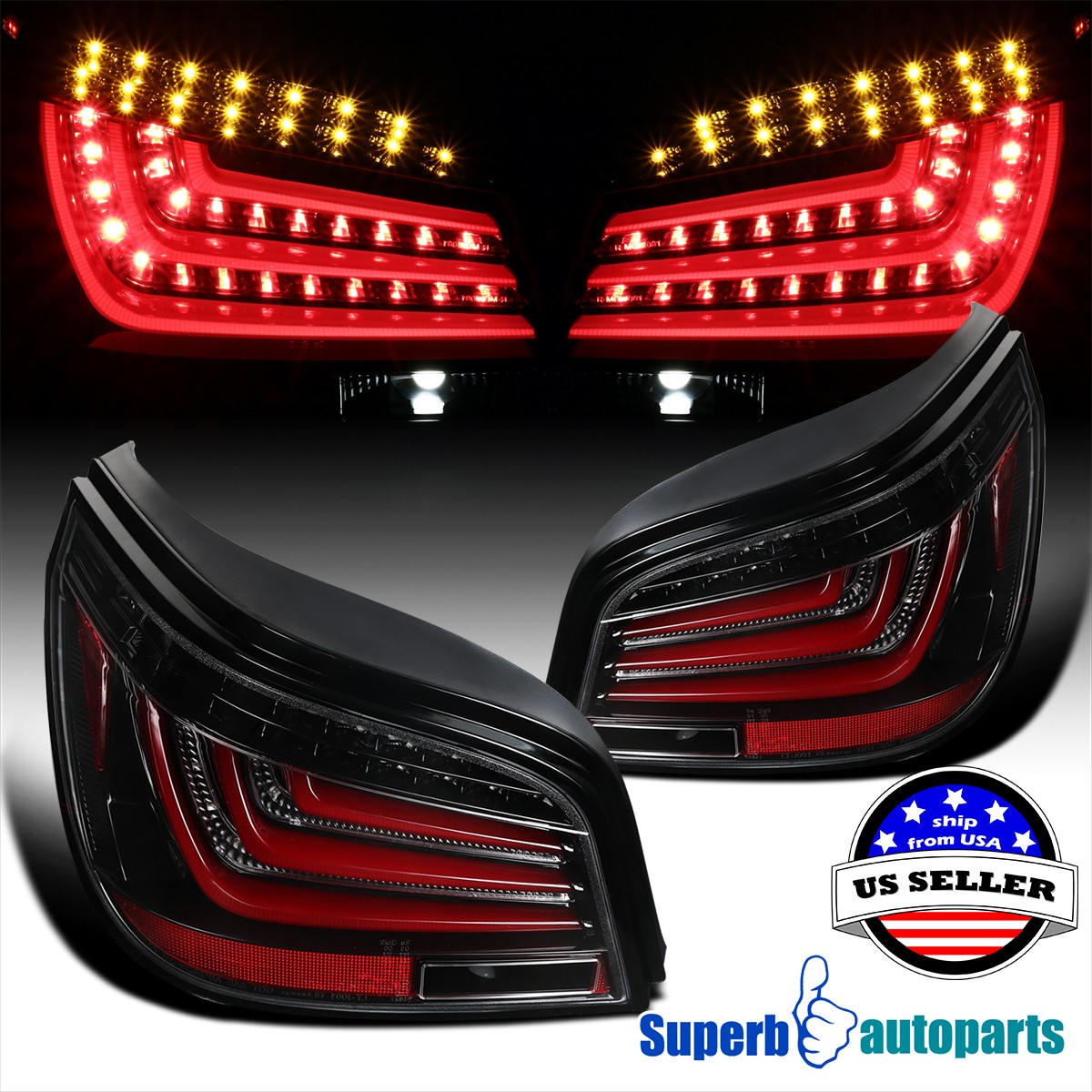 Fit 2008-2010 BMW E60 08-10 5-Series Shiny Black LED Bar Tail Brake Lights Lamps