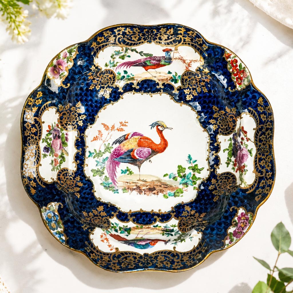 Nice 19th Century Antique Hand Painted Plate Cobalt Blue Gilt Porcelain Bird Nice 19th Century Antique Hand Painted Plate Cobalt Blue Gilt Porcelain Bird