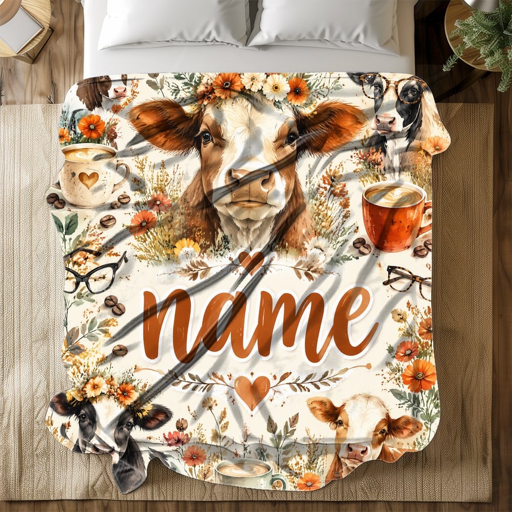 Personalized Floral Cow Coral Fleece Blanket Farmhouse Decor
